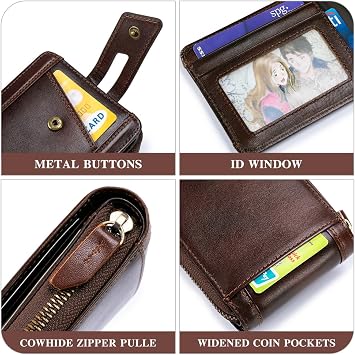 Genuine Leather Wallets for Men with Zipper RFID Blocking Large Capacity Retro Mens Wallet with Coin Pocket ID Window, Brown