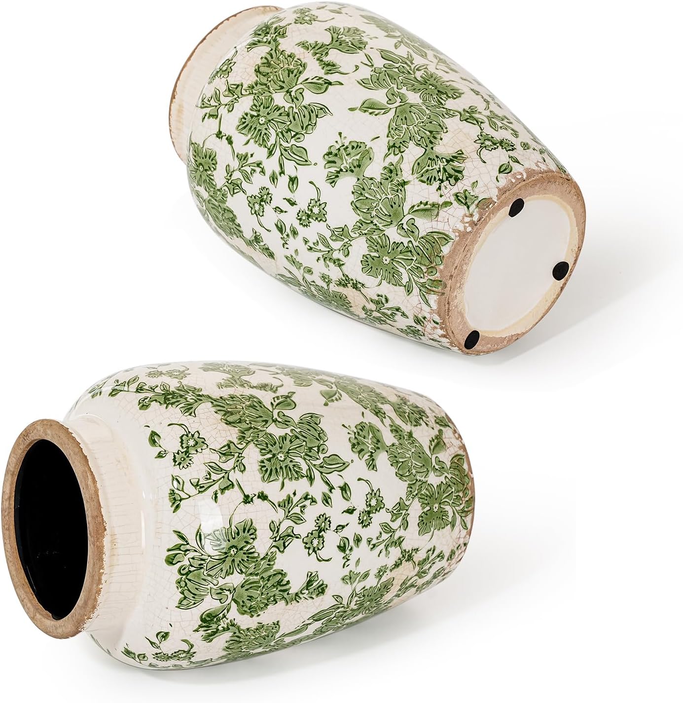 Sungmor Ceramic Flower Vase, Vintage Ice Cracked Glaze Porcelain Vase, Pretty Home Decor Vase for Flower Arrangement, Fresh Flowers, 10.2 Inch Tall Chinoiserie Pottery Vase, Green Floral Pattern - Image 5