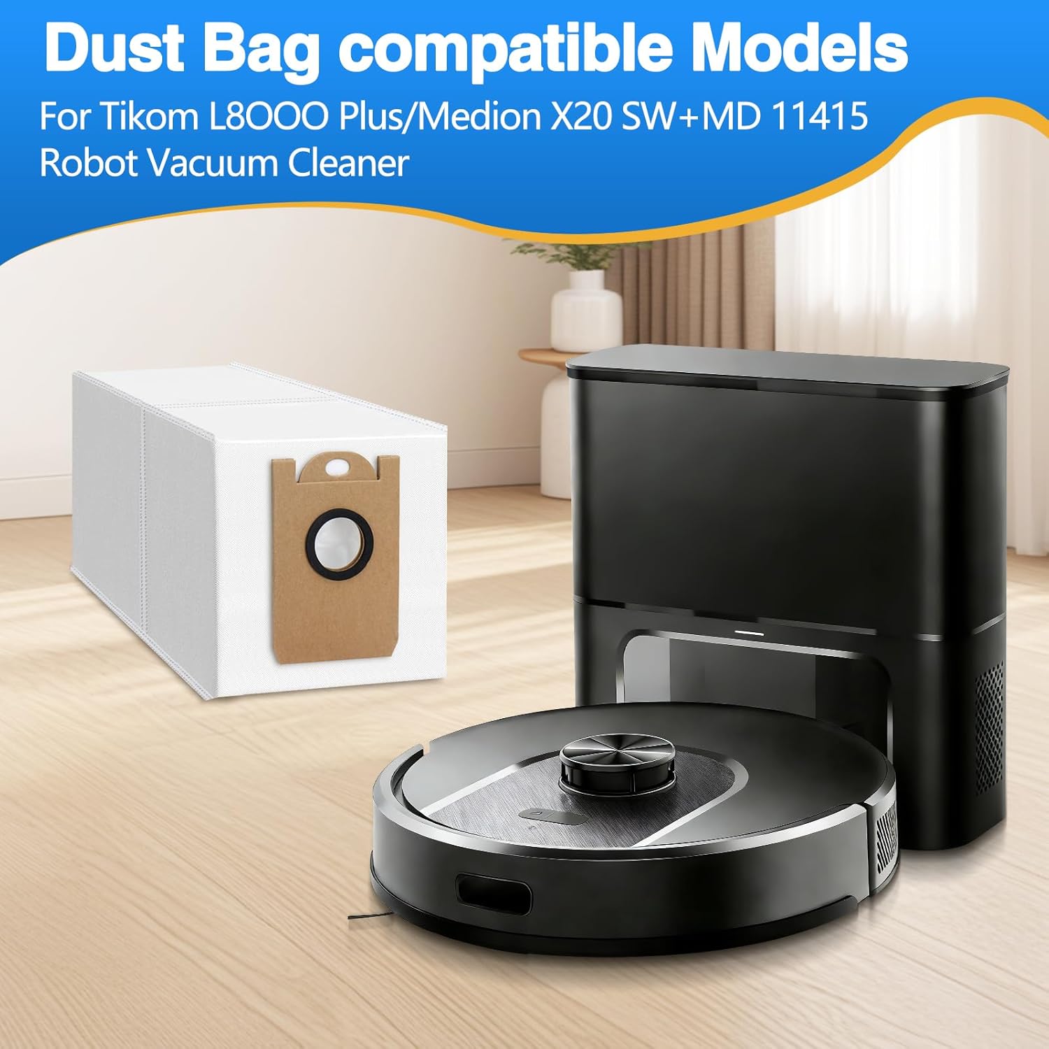 12 Pack Dust Bags Replacement for Tikom L8000 Plus/Medion X20 SW+ MD 11415 Robot Vacuum Cleaner, Disposable Large Capacity Vacuum Bags Accessories