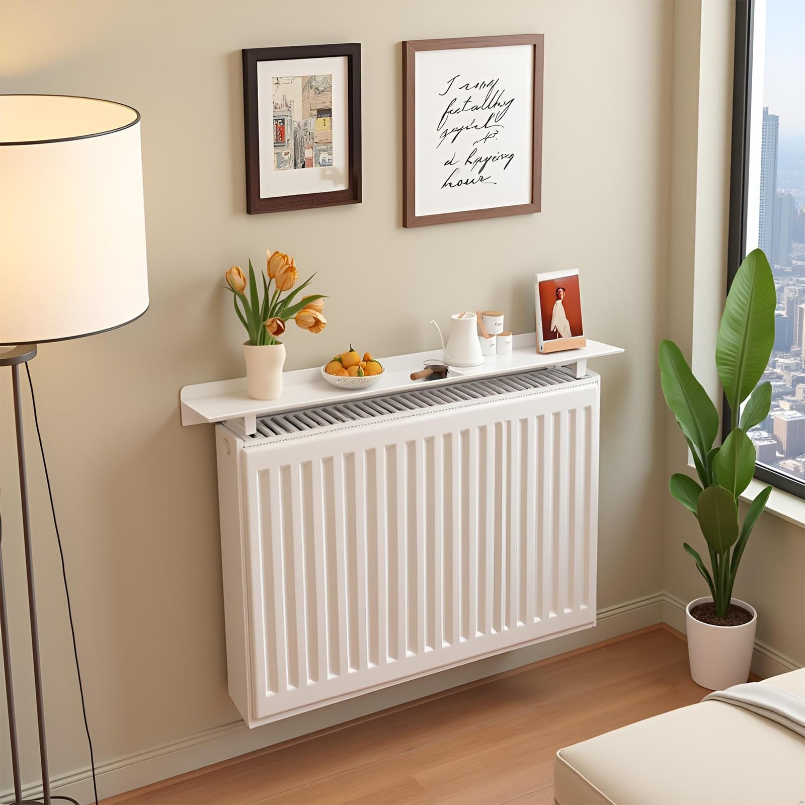 Estante de radiador con soportes, instalación sin taladro, diseño de protección de pared para unidades de calefacción domésticas, solución de almacenamiento para sala de estar y dormitorio