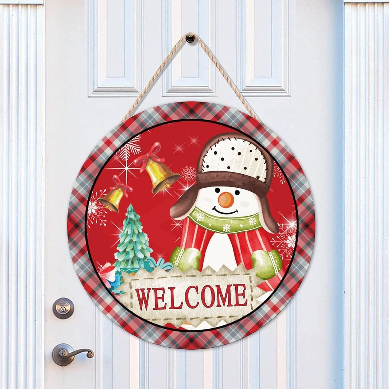 Snowman Welcome Front Door Sign, Snow Welcome Wood Door Sign, 16x16in Snowflake Welcome Wall Door Hanging Sign for Outdoor Front Porch Farmhouse Front Door Decor Housewarming Gifts