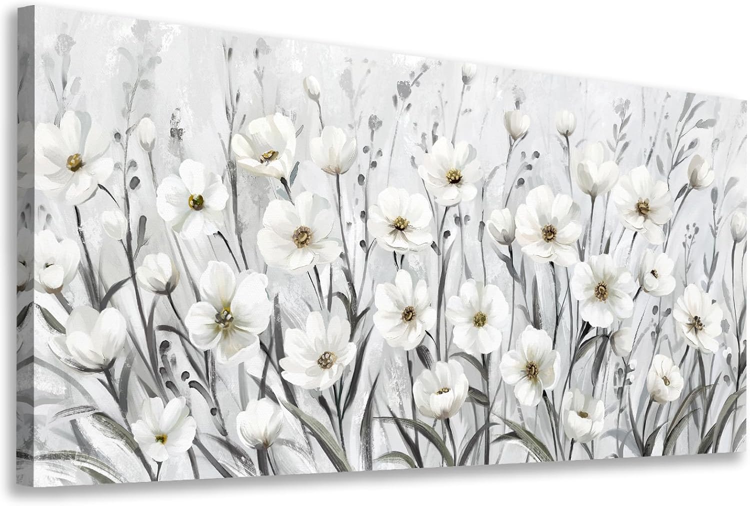 artewoods flowers canvas wall art - grey white wildflowers pictures wall decor botanical painting artwork elegant floral prints for living room bedroom office home decor ready to hang 40 x 20in grey white blooming flowers wrapped canvas 40"l x 20"w