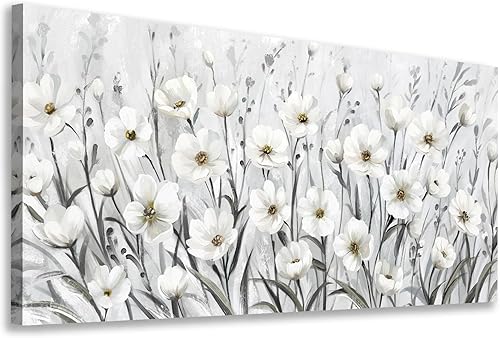 Miniatura 2 de arteWOODS Lienzo decorativo para pared, diseño de flores silvestres grises y blancas, decoración de pared, pintura botánica, obras de arte elegantes
