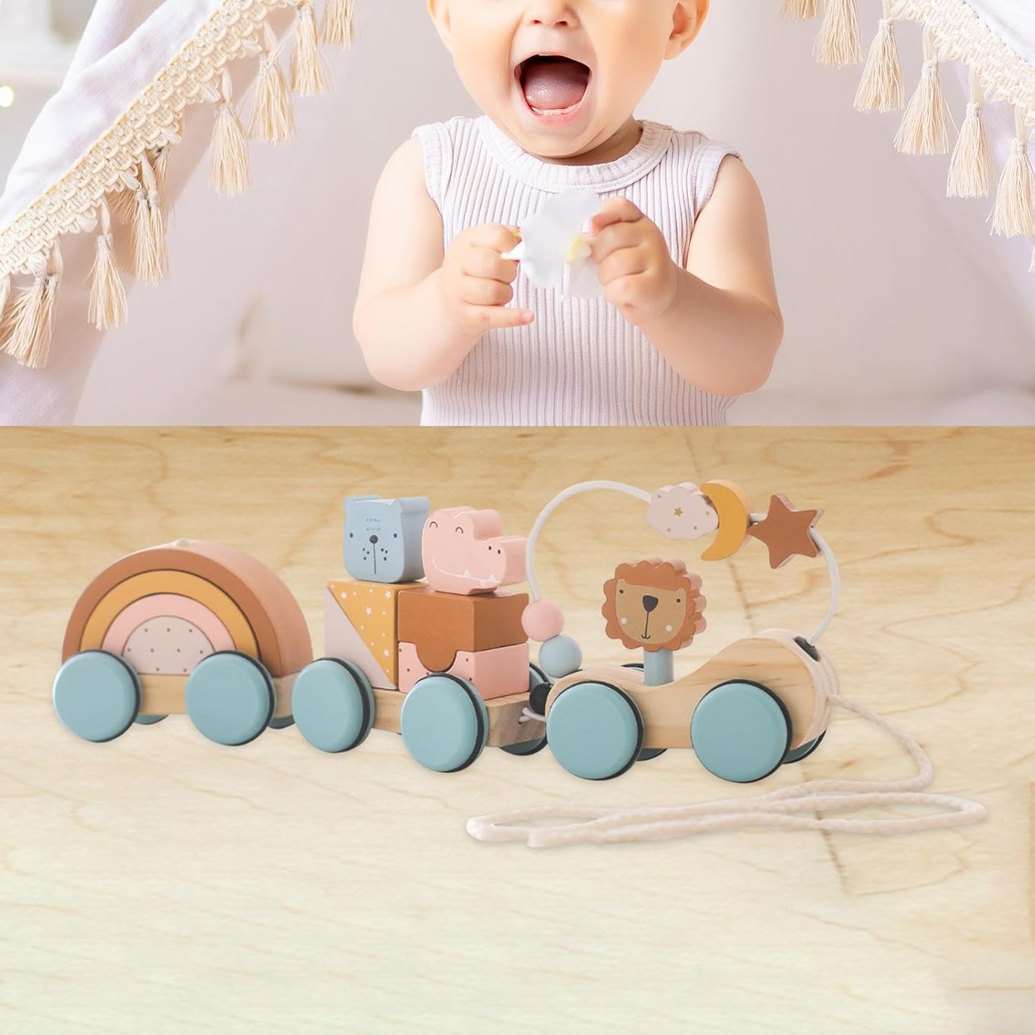 Wooden Pull Along Toy Handmade Push and Pull Animal Toy Wooden Walking Toy Fine Motor Skill Developmental Preschool Learning, Building Block Train