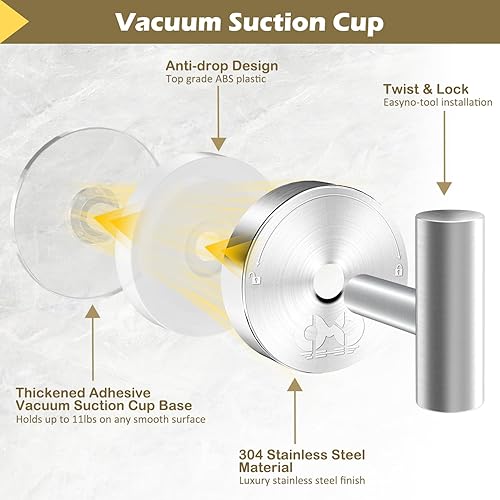 Miniatura 5 de 4 ganchos de ventosa para ducha y ventana de cristal, ganchos de succión de baño resistentes sin taladrar para toallas, abrigos, batas, lufa, níquel