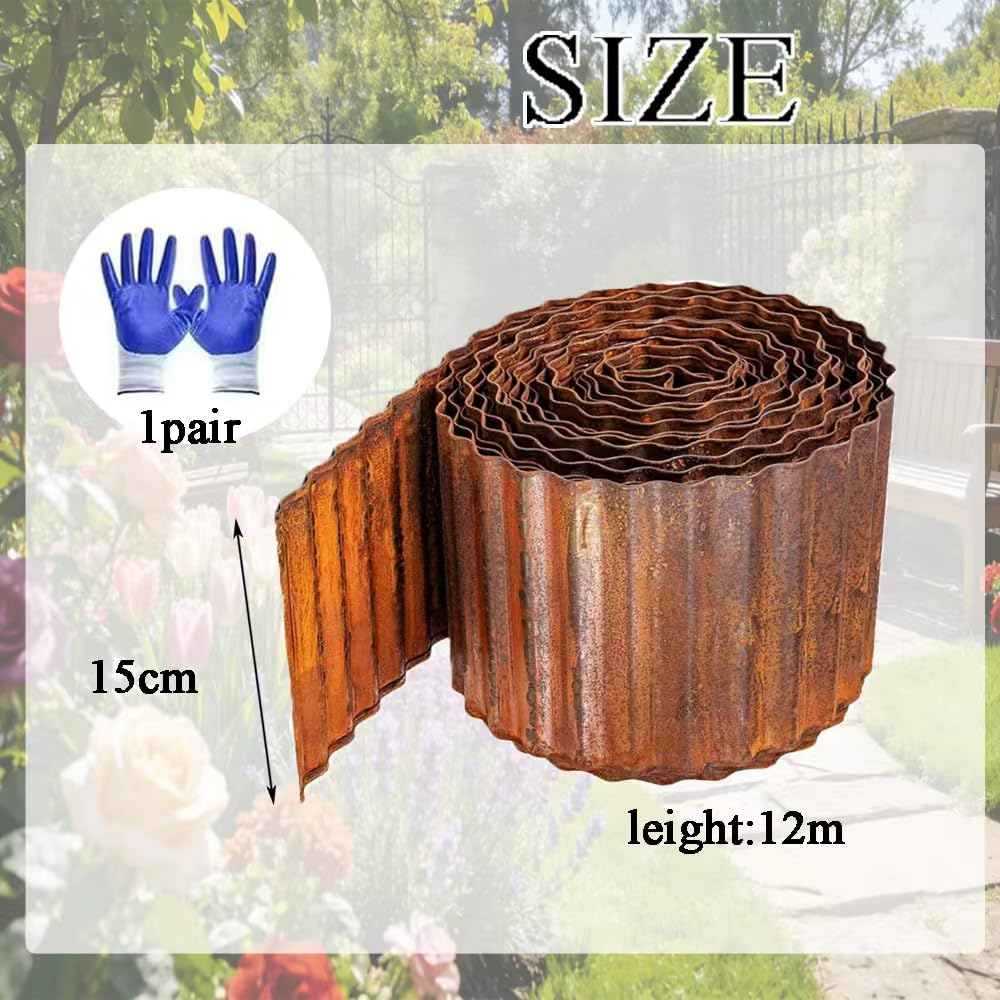 Bordura Acero Corten 12m, Borduras Jardín Metálicas de 15 cm de Altura, Fácil de Instalar - Separador Jardín Exterior Ondulado con Pátina Natural de Óxido (Marrón)