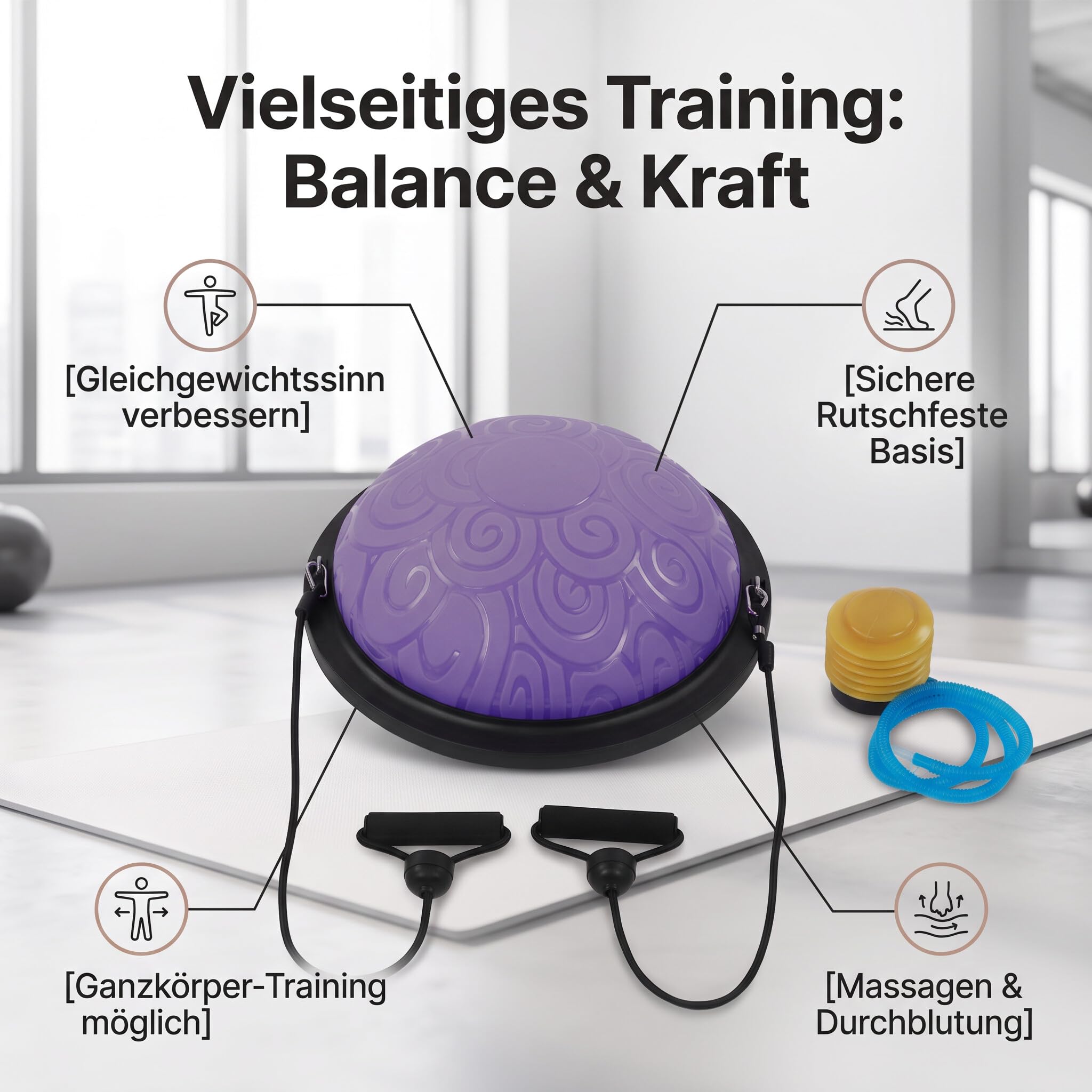 Ejoyous Balance Ball Trainer, 46 Cm Balance Board Antiscivolo Emisfero Palla per Esercizi Yoga Mezza Palla con Fasce di Resistenza per Yoga Fitness Allenamento della Forza Allenamento di