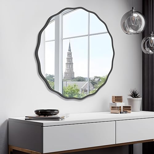 Miniatura 54 de Espejo redondo decorativo para pared de 28 pulgadas, moderno espejo ondulado dorado con marco de madera, espejo de pared circular para baño