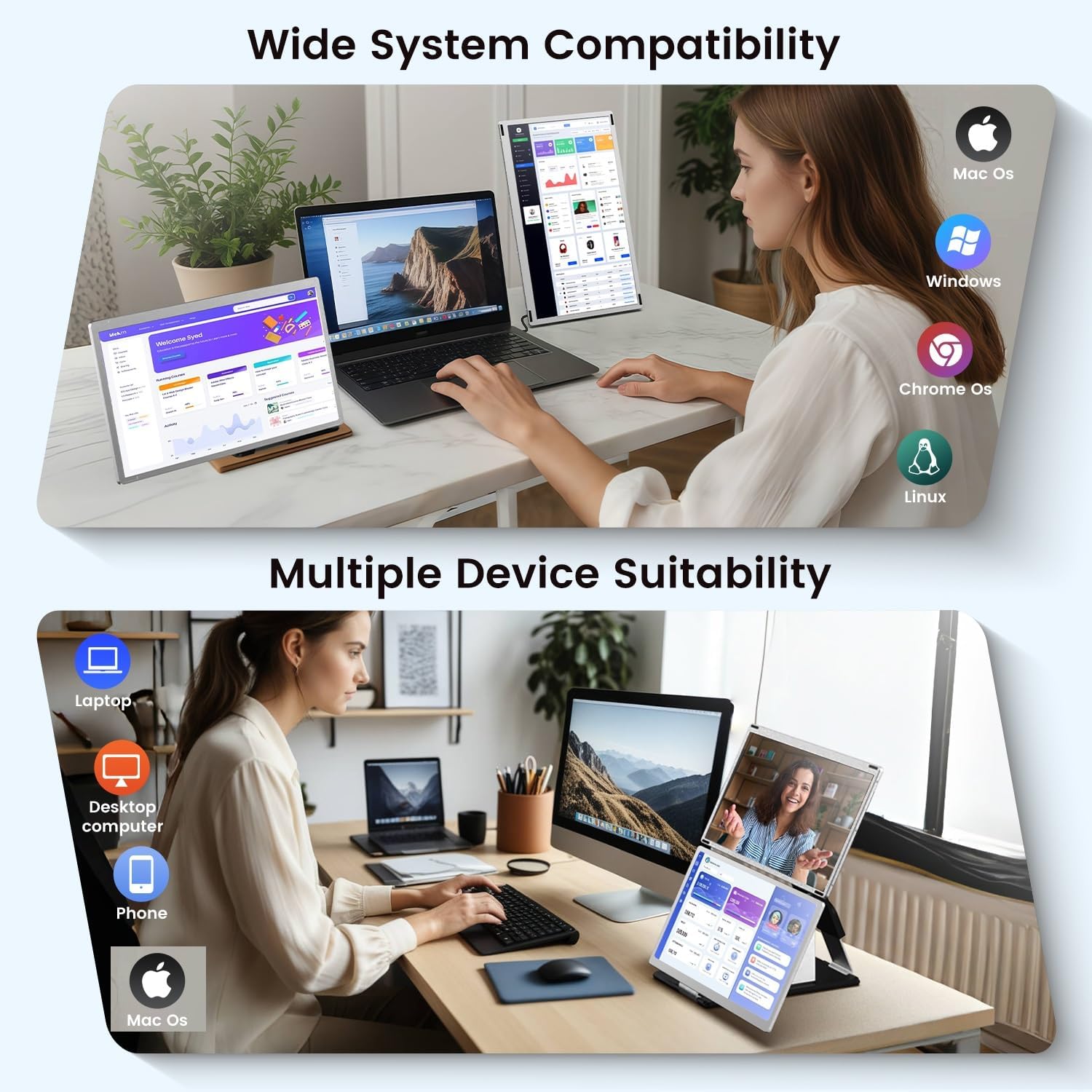 15.6" Laptop Screen Extender, 1080P FHD Laptop Monitor Extender with 120% sRGB, 235°Rotation Detachable Dual Monitor, Plug & Play, Triple Screen Compatible with Windows, Mac, Chrome - Image 6