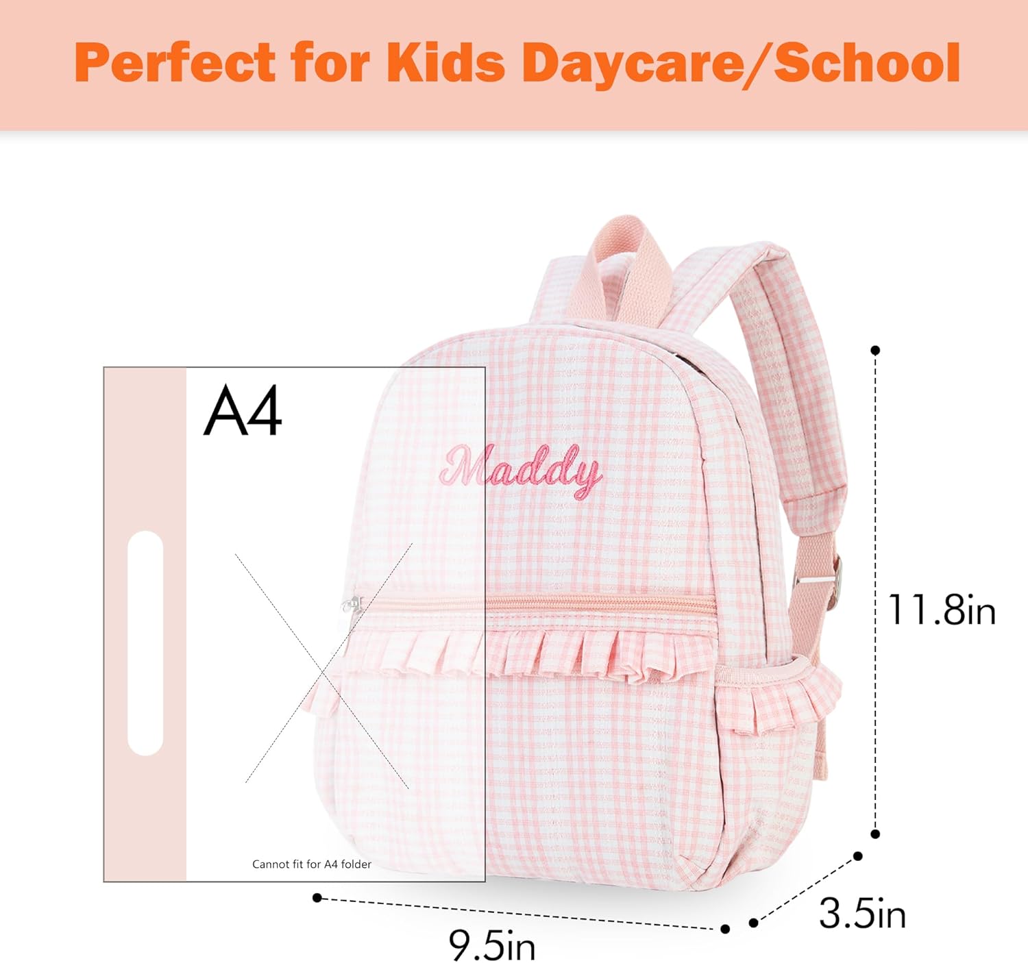 MT WORLD Ruffle Daycare Backpack Personalized Peach Gingham Backpack with Embroidered Name - 12inch Little Dancer Daypack with Lace - Small Daycare Bag for Travel Birthday Christmas Gifts