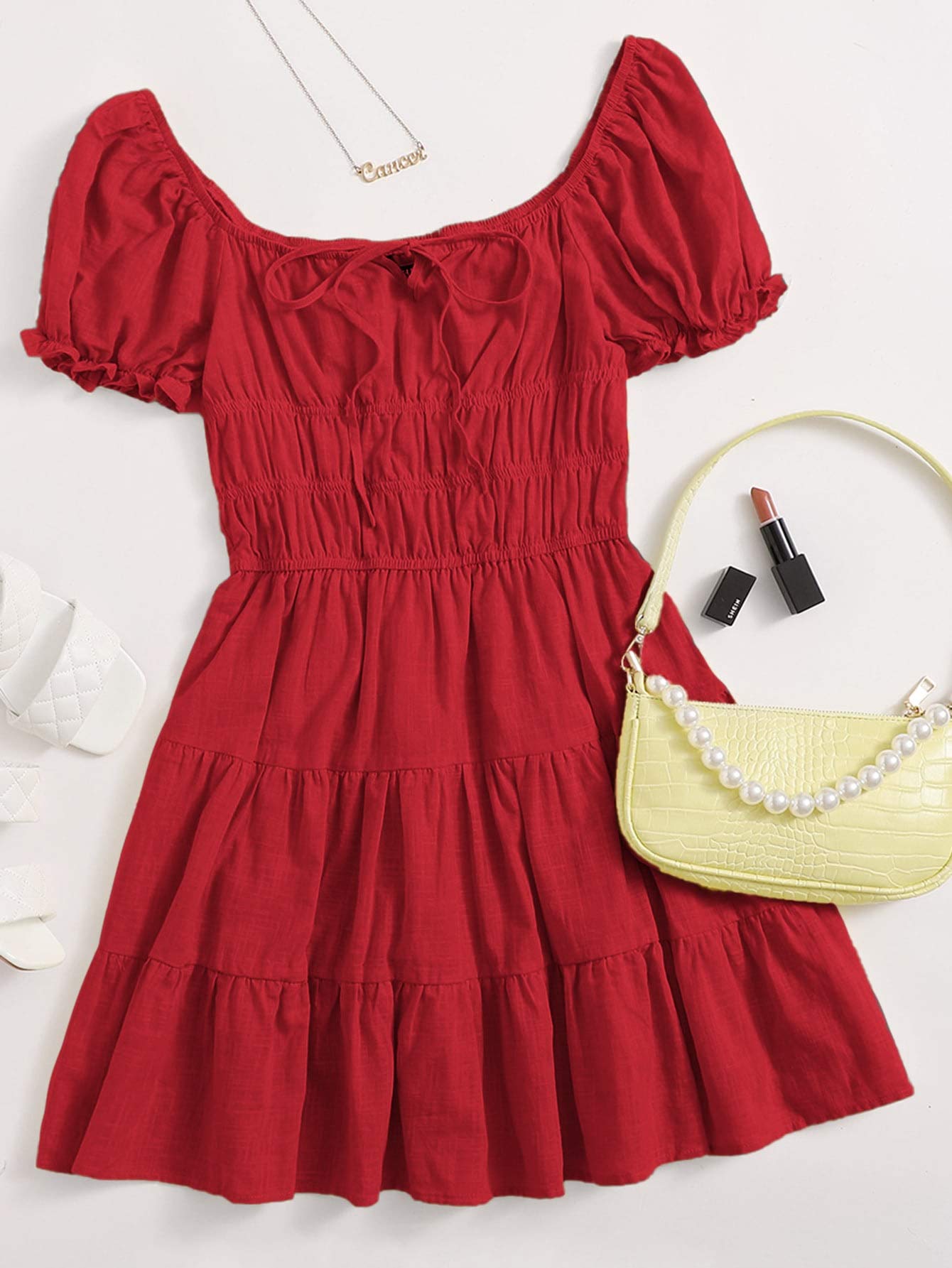 shein tie neck ruched bust tiered dress Amazon.com: Women's Dresses Tie Neck Ruched Bust Puff Sleeve Tiered Dress  Dress for Women(Red,X-Large) : Clothing, Shoes & Jewelry