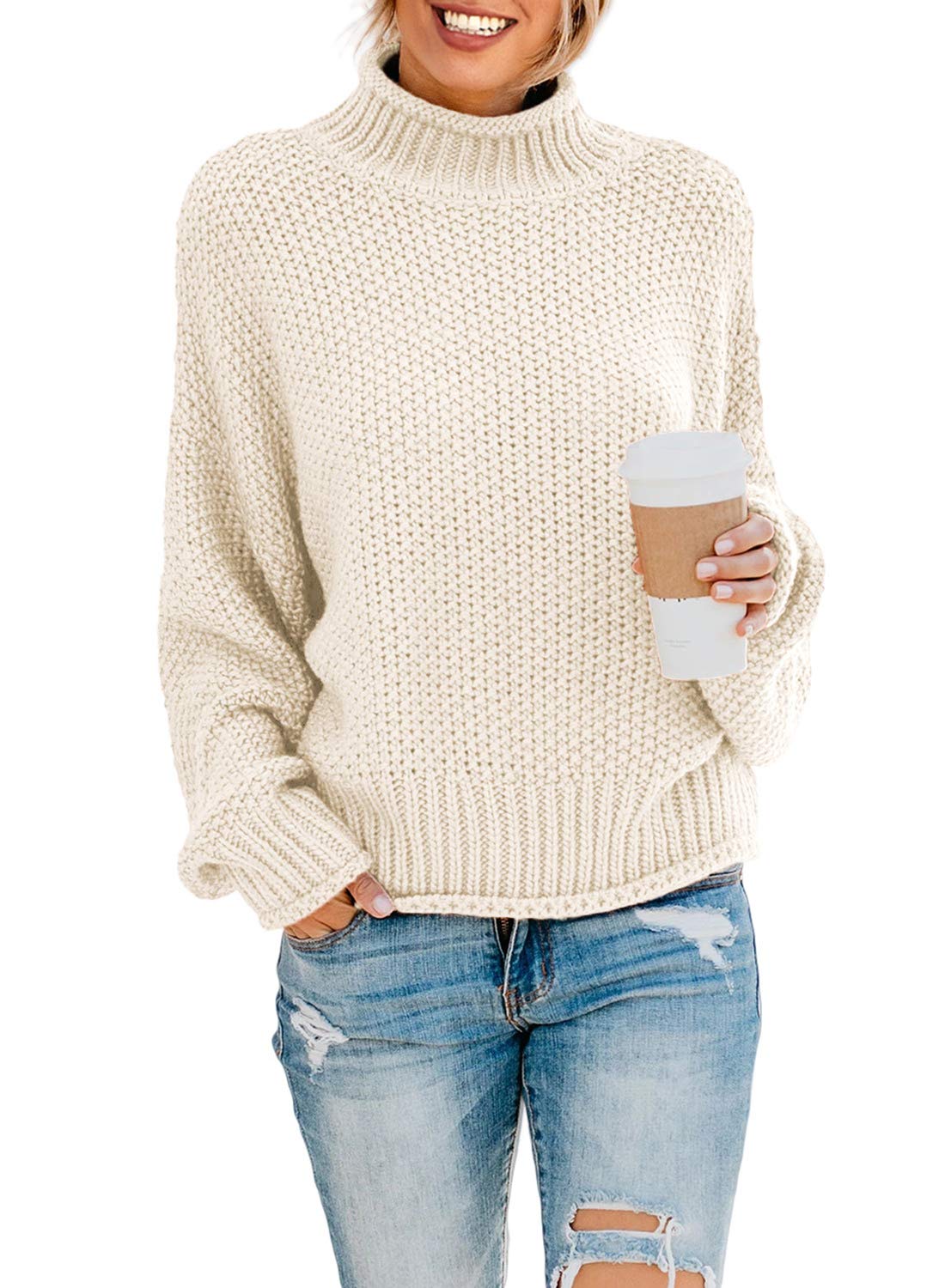 Dokotoo Womens 2025 Winter Fall Solid Turtleneck High Neck Balloon Long Sleeve Sweaters Pullover Outerwear