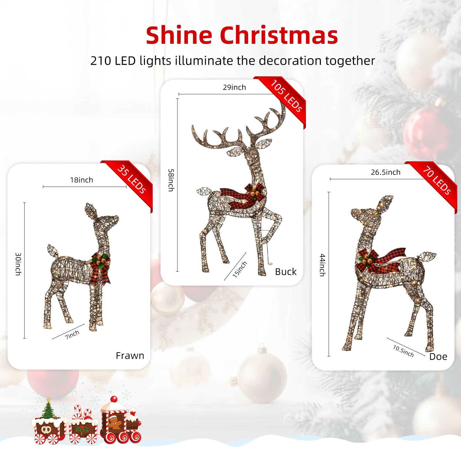 Lot de 3 décorations de Noël d'extérieur en rotin - Cerf lumineux en rotin avec 210 LED - Kit de décoration de cour extérieure avec 3 cerfs lumineux - Marron