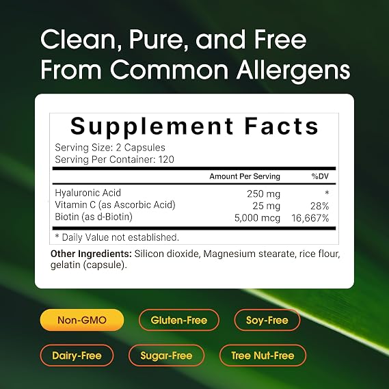 NatureBell Hyaluronic Acid 250mg - 240 Capsules - 250mg Hyaluronic Acid for Skin* - 5000mcg Biotin for Hair Growth* - 25 mg Vitamin C - Supports Bone, Eye & Joint Health*