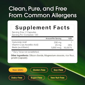 NatureBell Hyaluronic Acid 250mg - 240 Capsules - 250mg Hyaluronic Acid for Skin* - 5000mcg Biotin for Hair Growth* - 25 mg Vitamin C - Supports Bone, Eye & Joint Health*