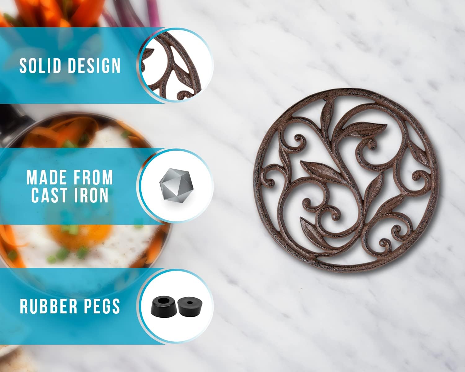 Cast Iron Trivet - Round with Vintage Pattern - Decorative Cast Iron Trivet for Kitchen Or Dining Table - 7.7" Diameter - Rust Brown Color - with Rubber Pegs by Comfify