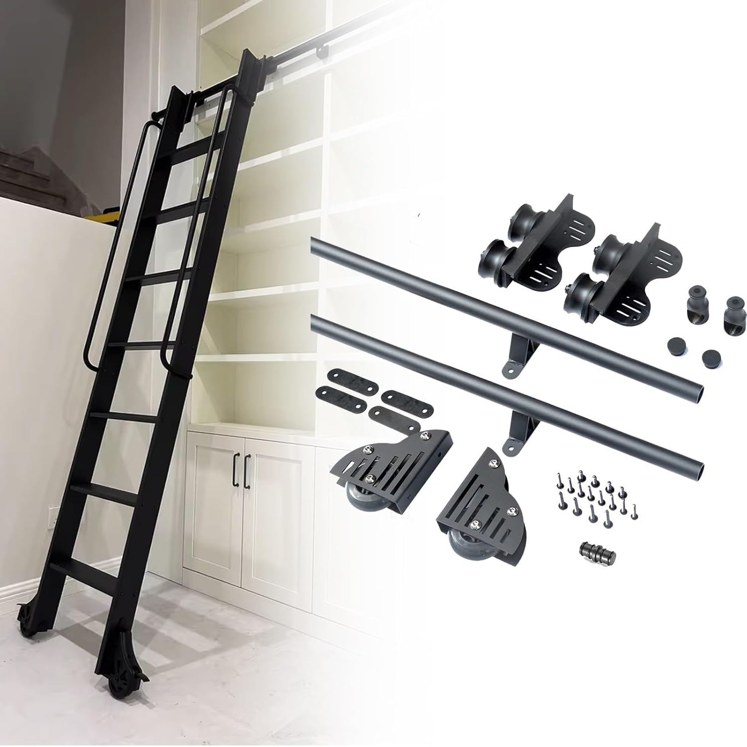 Rolling Library Ladder Hardware Kit, 3.3-20FT Round Tube Track Sliding Library Ladder Hardware Kit, Includes Floor Rollers with Brake, Multi-use for Loft/Bookshelf(No Ladder)(One Color 6.6ft/200c