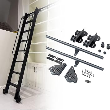 Rolling Library Ladder Hardware Kit, 3.3-20FT Round Tube Track Sliding Library Ladder Hardware Kit, Includes Floor Rollers with Brake, Multi-use for Loft/Bookshelf No Ladder10ft/300cm Track kit