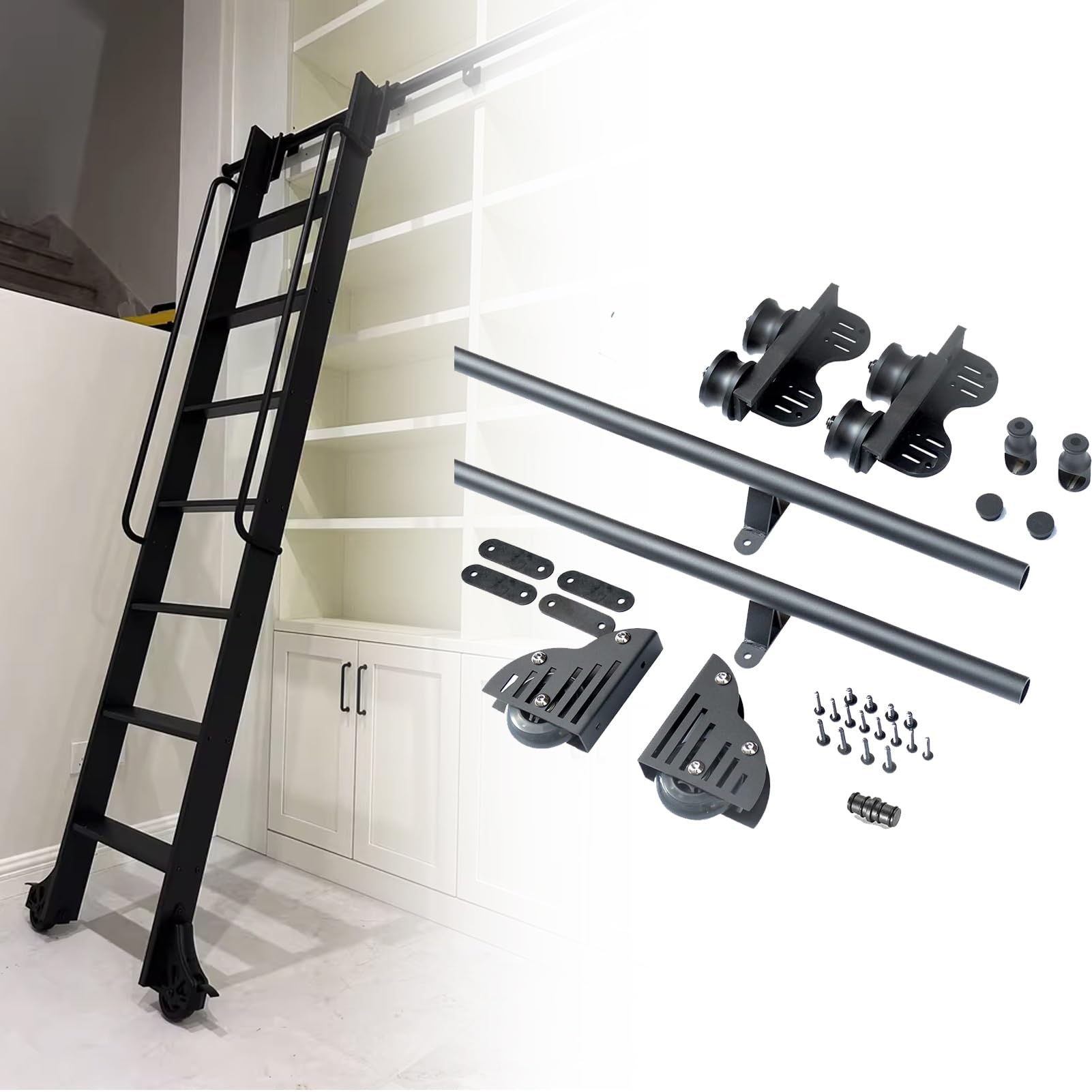 LWJSOCP Rolling Library Ladder Hardware Kit, 3.3-20FT Round Tube Track Sliding Library Ladder Hardware Kit, Includes Floor Rollers with Brake, Multi-use for Loft/Bookshelf (No Ladder)(3.3ft/100cm Tr