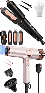 FMZ Black Flat Iron Hair Straightener Crimper Curler and Professional Pink Ionic Hair Blow Dryer with Smart Display