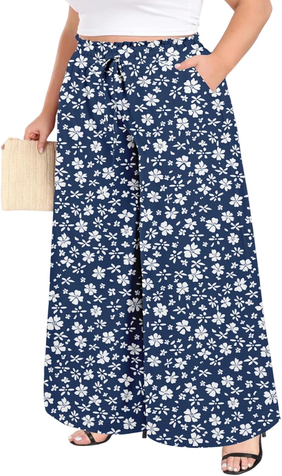 Moon Wood Damen Weite Stoffhose mit Taschen Sommer Lose Palazzo Hosen Hohe Taille Lounge Elegante Hose Große Größen