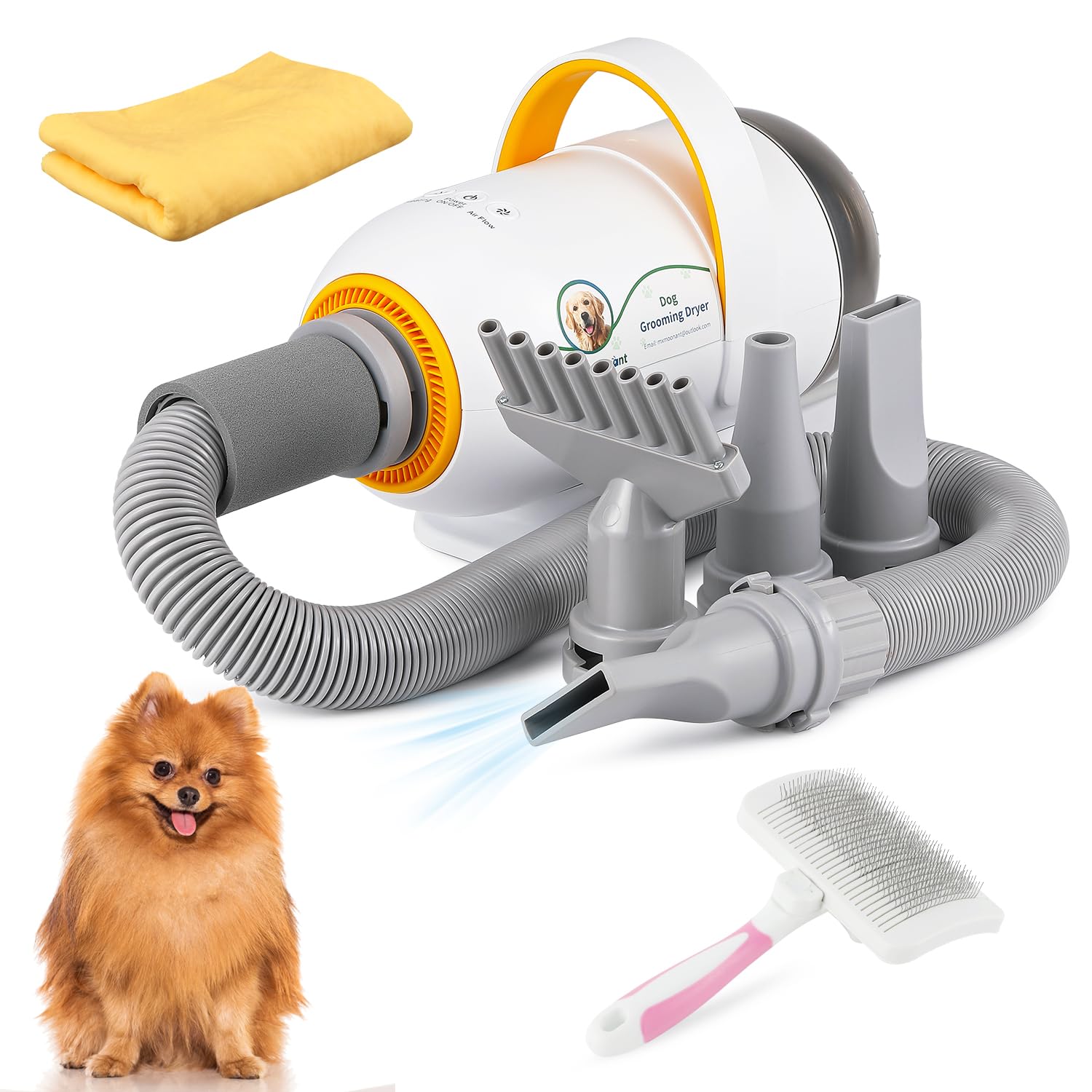 Mxmoonant 2800W Secador de Perros, Secado y Aspirado de Pelos Flotantes, Velocidad y Temperatura Ajustable, con 4 Boquillas Diferentes & Cepillo para Mascotas & Toalla para Mascotas