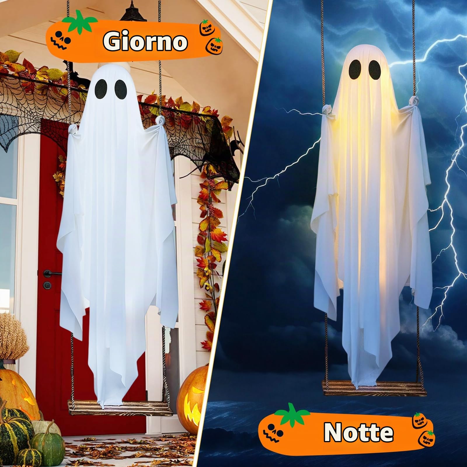 Decorazioni da appendere a forma di fantasma oscillante per Halloween, kit di decorazioni per albero spettrale con luci a corda, decorazione spaventosa per feste per esterni, giardino, cortile, prato