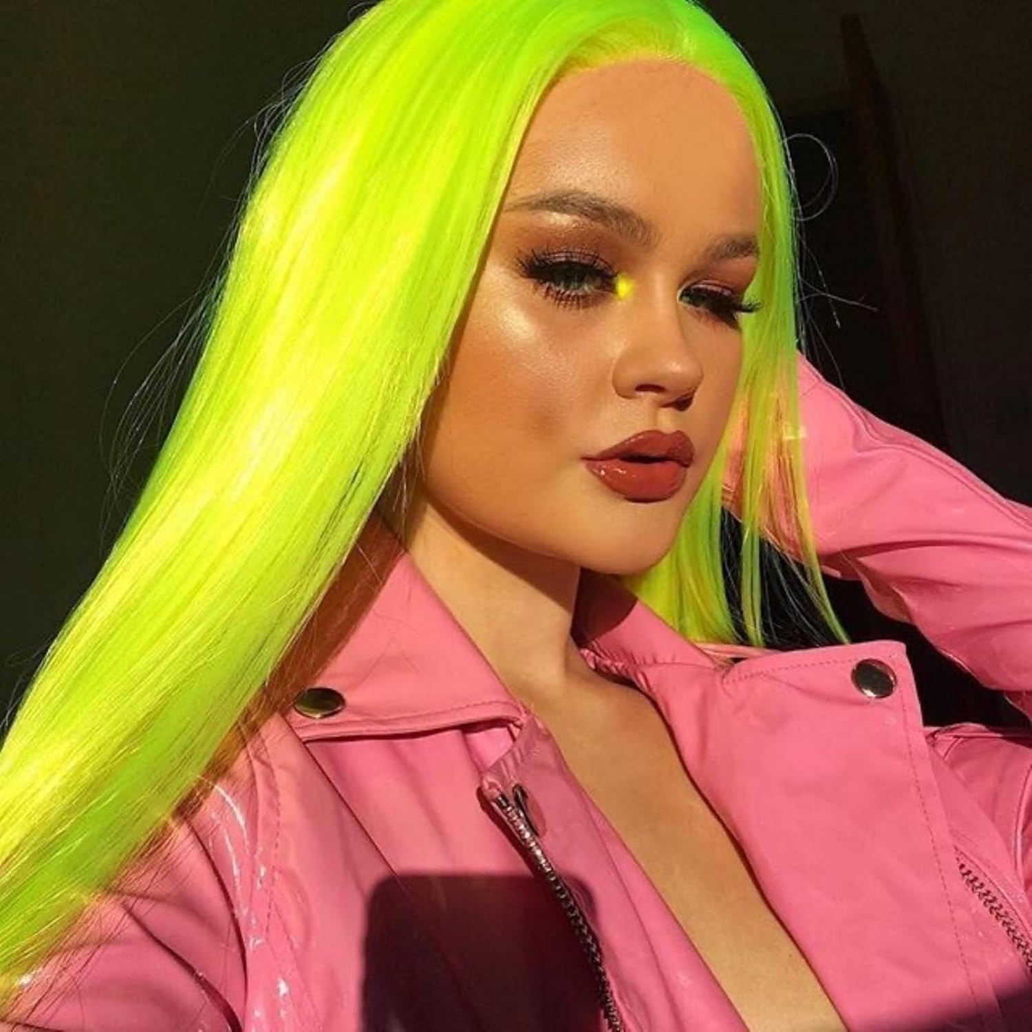 Neon Green Wigs for Women Long Straight Synthetic Lace Front Wig Glueless Natural Hairline Colored Fluorescent Green Hair Replacement Wigs for Daily Party Cosplay, 24 Inch