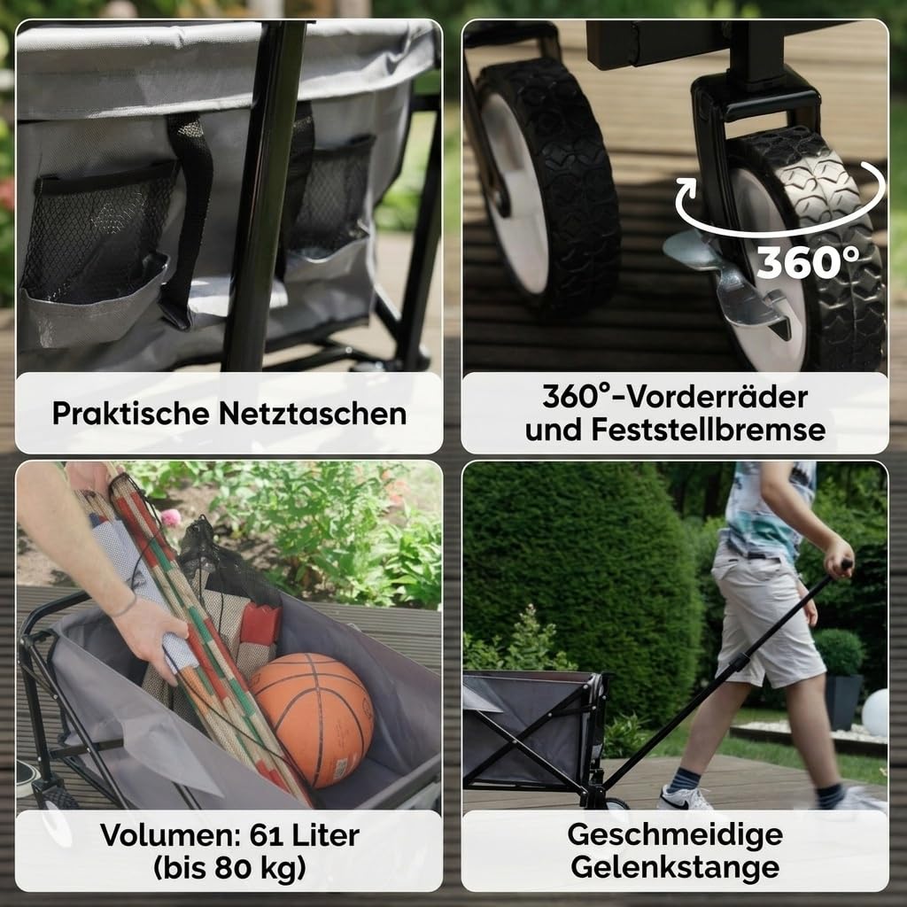 Gardenio Bollerwagen faltbar mit Bremsen, Handwagen 80 kg/60l, Bollerwagen klein & leicht mit Taschen, Handkarren Outdoor/Camping/Wandern/Angeln/Garten, neueste Upgrade-Version mit längerer Lenkstange