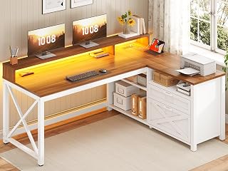 SEDETA 55" Farmhouse L-Shaped Desk with Drawers, Storage Shelves, RGB LED Lights, Power Outlet & Monitor Shelf - Brown