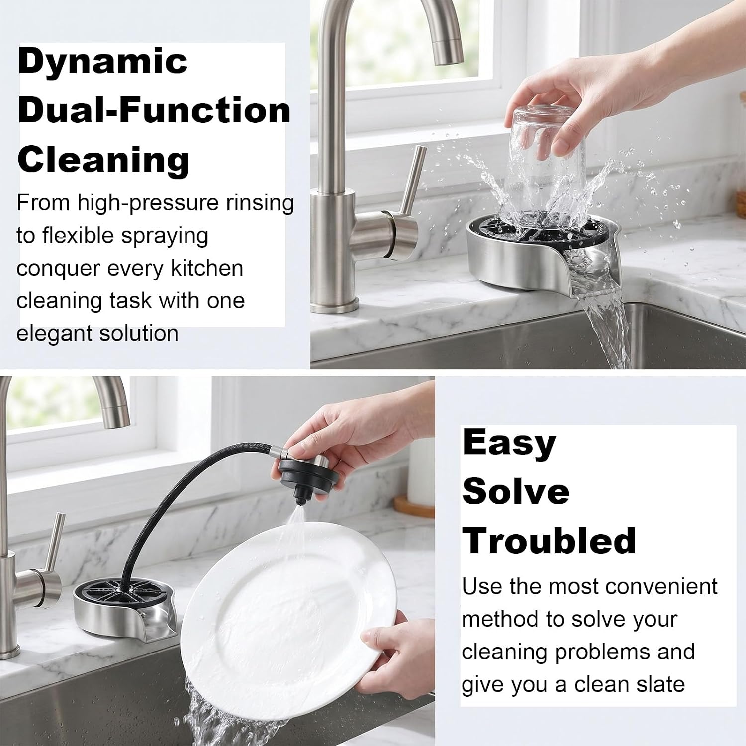 Glass Rinser for Kitchen Sink with Pull-Out Spray, High Pressure 360° Rotating Glass Cup Cleaner Sink Attachment Bottle Washer, Kitchen Sink Accessories Cup Washer Bottle Cleaner for Home Bar, Silver