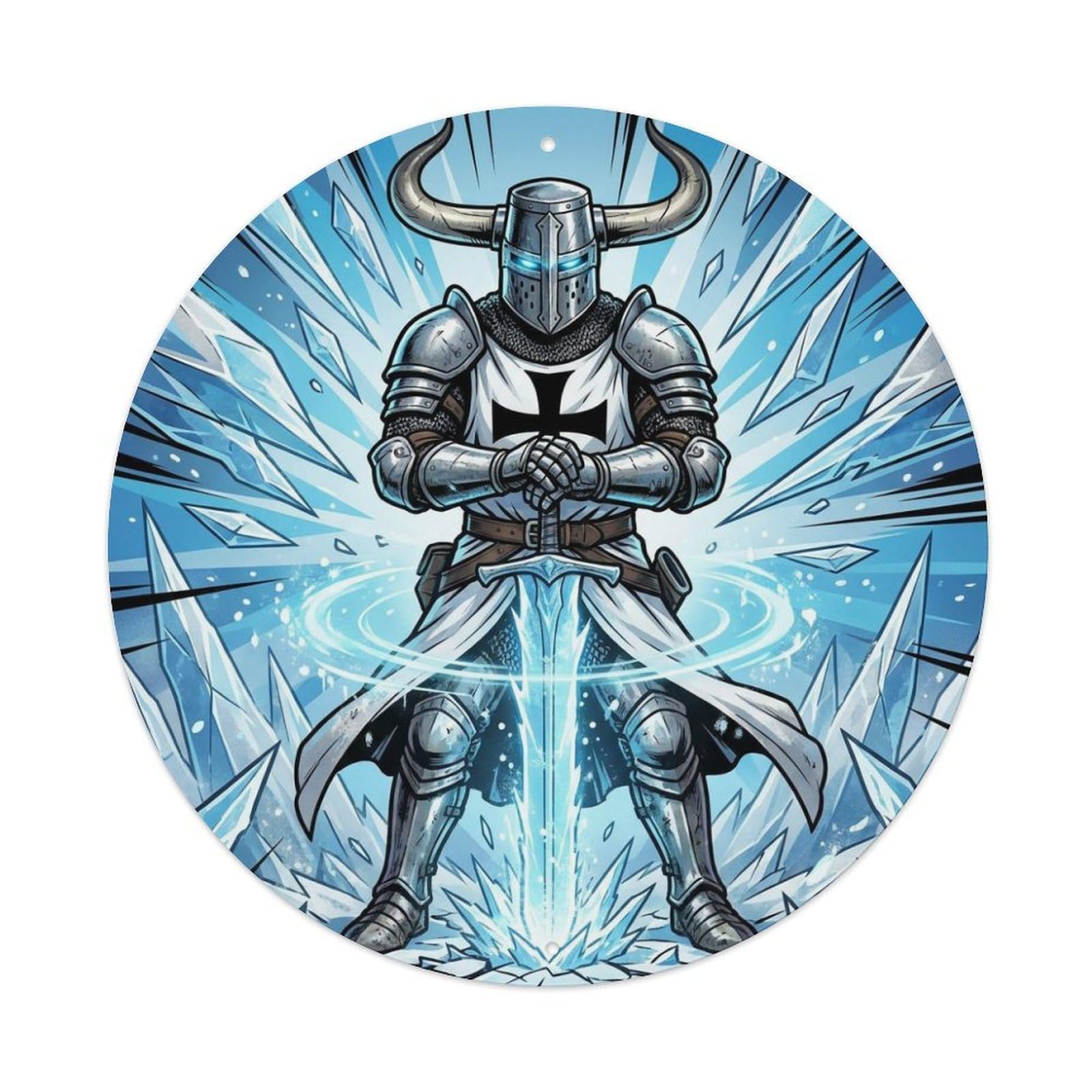 Dark Fantasy Frost Medieval Anime Teutonic Knight Paladin Metal Tin Sign Plaque Wall Decor for Cafe, Man Cave, Club Bar, Office, Home Garden Round Metal Poster 8x8Inch
