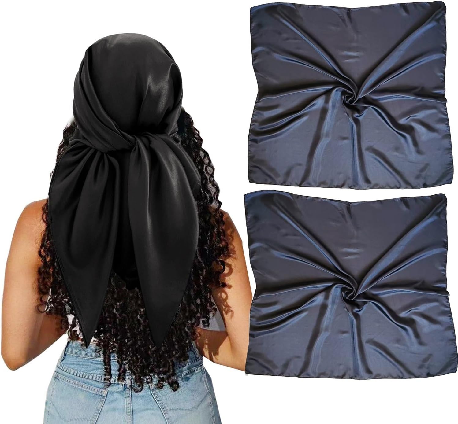 2pcs 35”Satin Head Scarf Silk Like Hair Scarf Large Head Scarves Bandana Head Wraps Headscarfs for Women Black