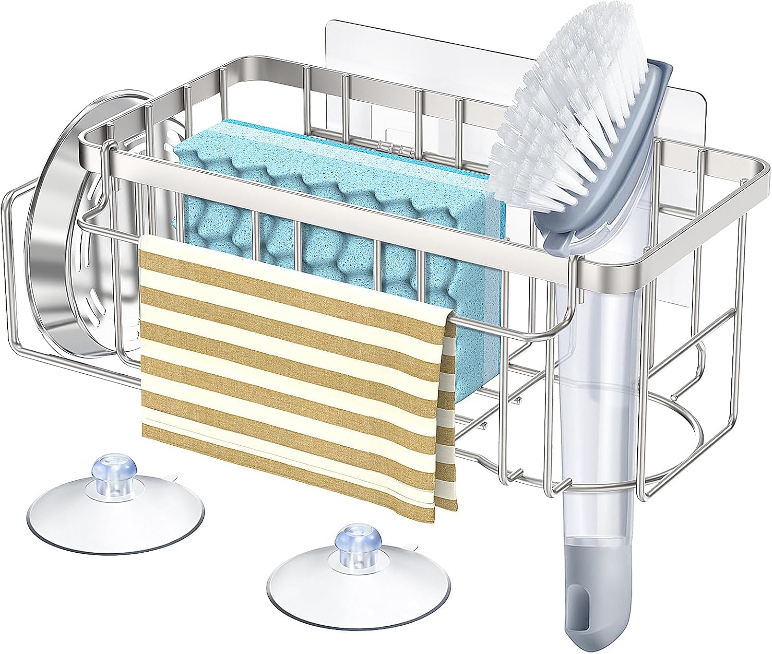 StorageRight 4-in-1 Rustproof Kitchen Sink Sponge Holder with Suction Cups & Adhesive Hook - Silver Sink Caddy Organizer
