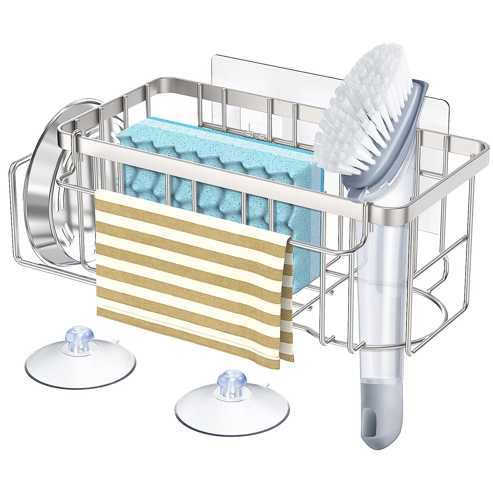 StorageRight 4-in-1 Sponge Holder for Kitchen Sink Sink Caddy Organizers and Storage with Adhesive Hook Suction Cups Rustproof