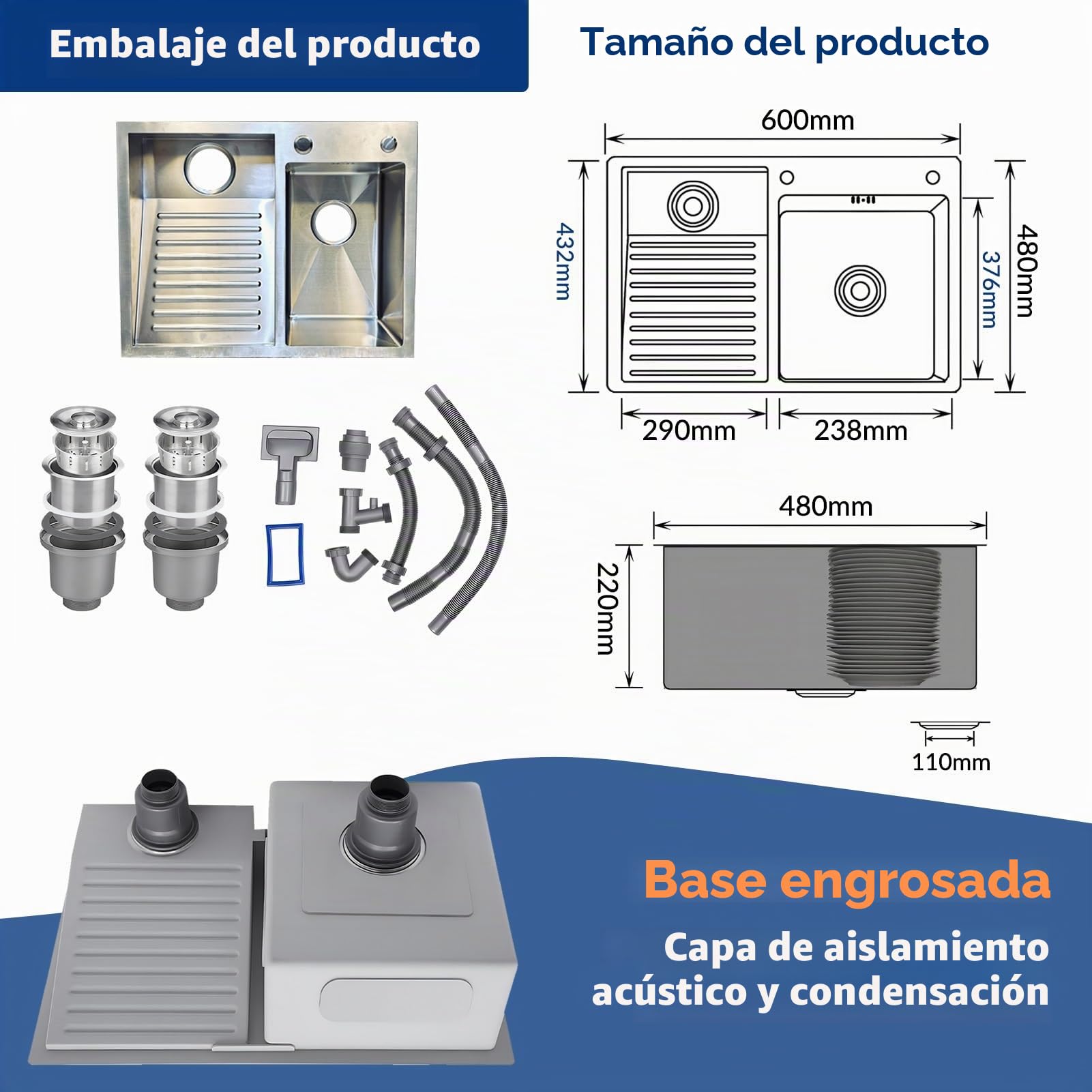 Fregadero De Acero Inoxidable SUS304 Con Tabla De Lavar – Lavadero Grande Para Lavandería, Garaje, Sótano Y Balcón – Montaje Empotrado – Con Kit De Drenaje(Left,60x48cm)