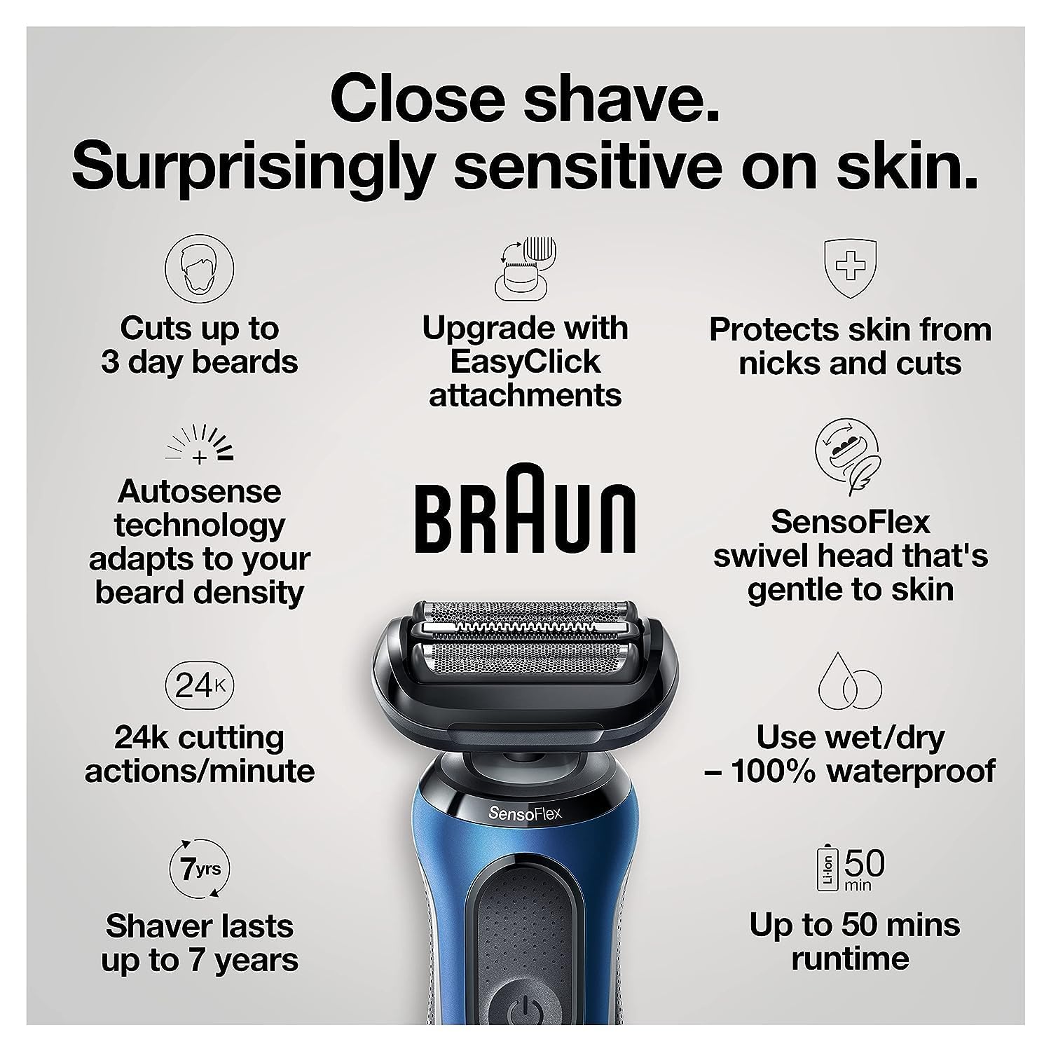 Braun Series 6 6040cs Rasoir électrique avec support de charge, tondeuse de précision, humide et sec, rechargeable, rasoir sans fil, bleu
