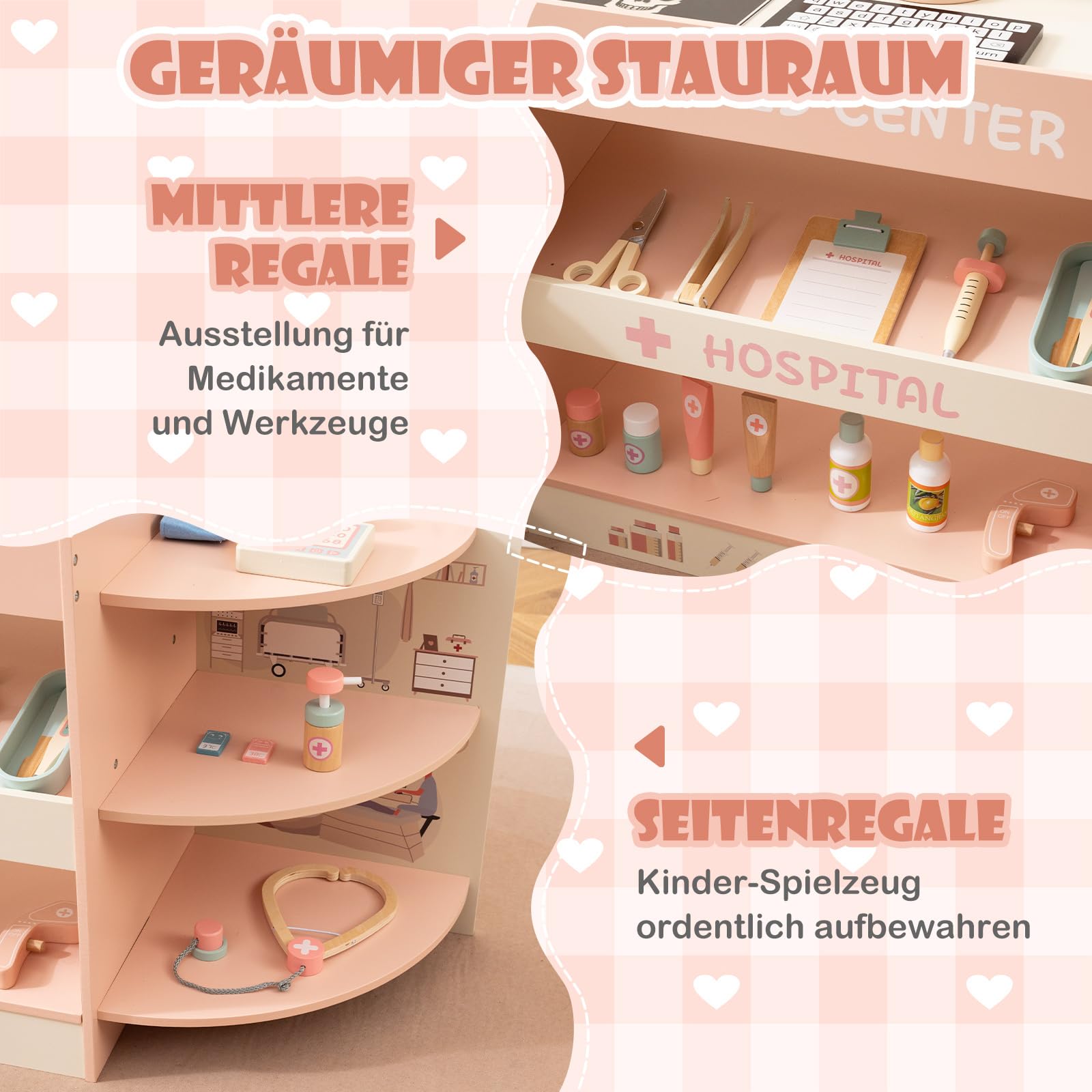 DREAMADE Arztspielset für Kinder, Krankenhaus aus Holz mit Sehtest, CT-Spielgerät & Röntgenapparat, Arzt Rollenspielzeug mit 20 Zubehörteilen für Kinder ab 3 Jahren (Rosa)