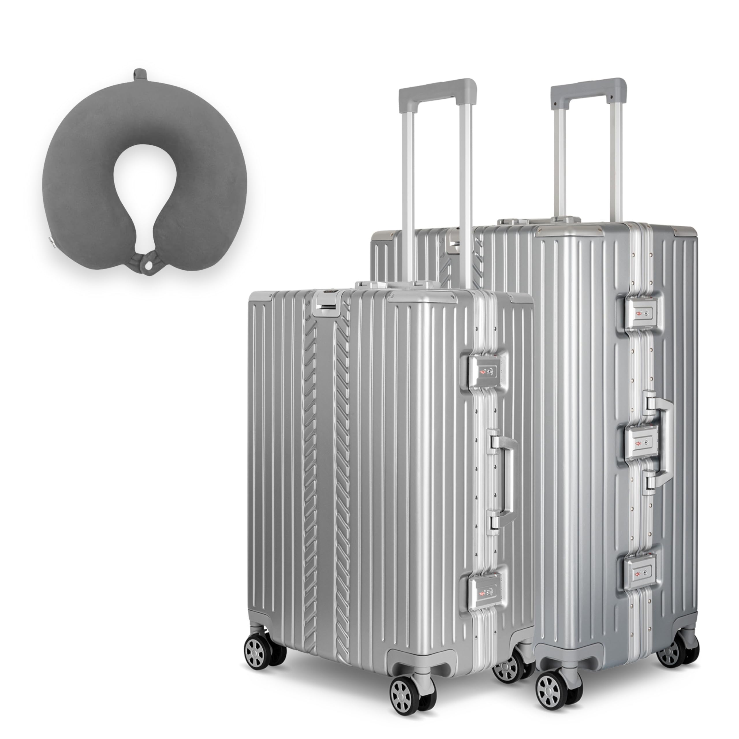 WINLIFE Zestaw ekonomiczny L+XL walizka podróżna z aluminiową ramą z tworzywa ABS + antracytowa poduszka pod kark i zamkiem numerowym TSA L (65 cm) + walizka XL (75 cm) twarda obudowa, srebrna,