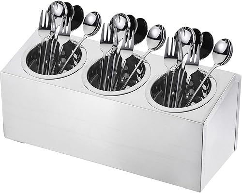 uxcell Soporte para utensilios de cocina, cilindro de acero inoxidable con 3 compartimentos, organizador de cubiertos para bufés (3 agujeros)