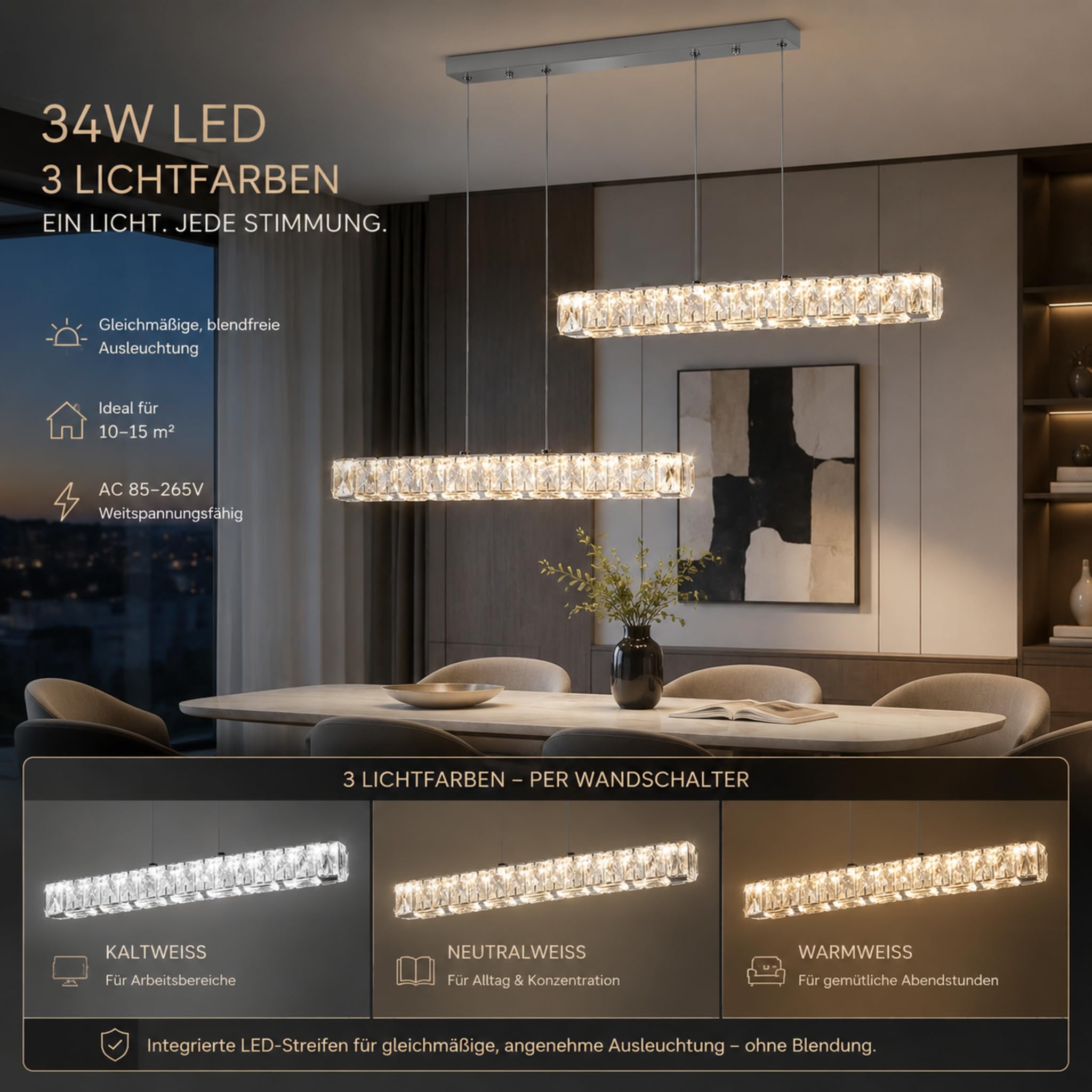 Doppel Linear Kristall LED Pendelleuchte 80cm Esstisch Höhenverstellbar | 3 Lichtfarben Hängeleuchte Kücheninsel Schlafzimmer Wohnzimmer Küche