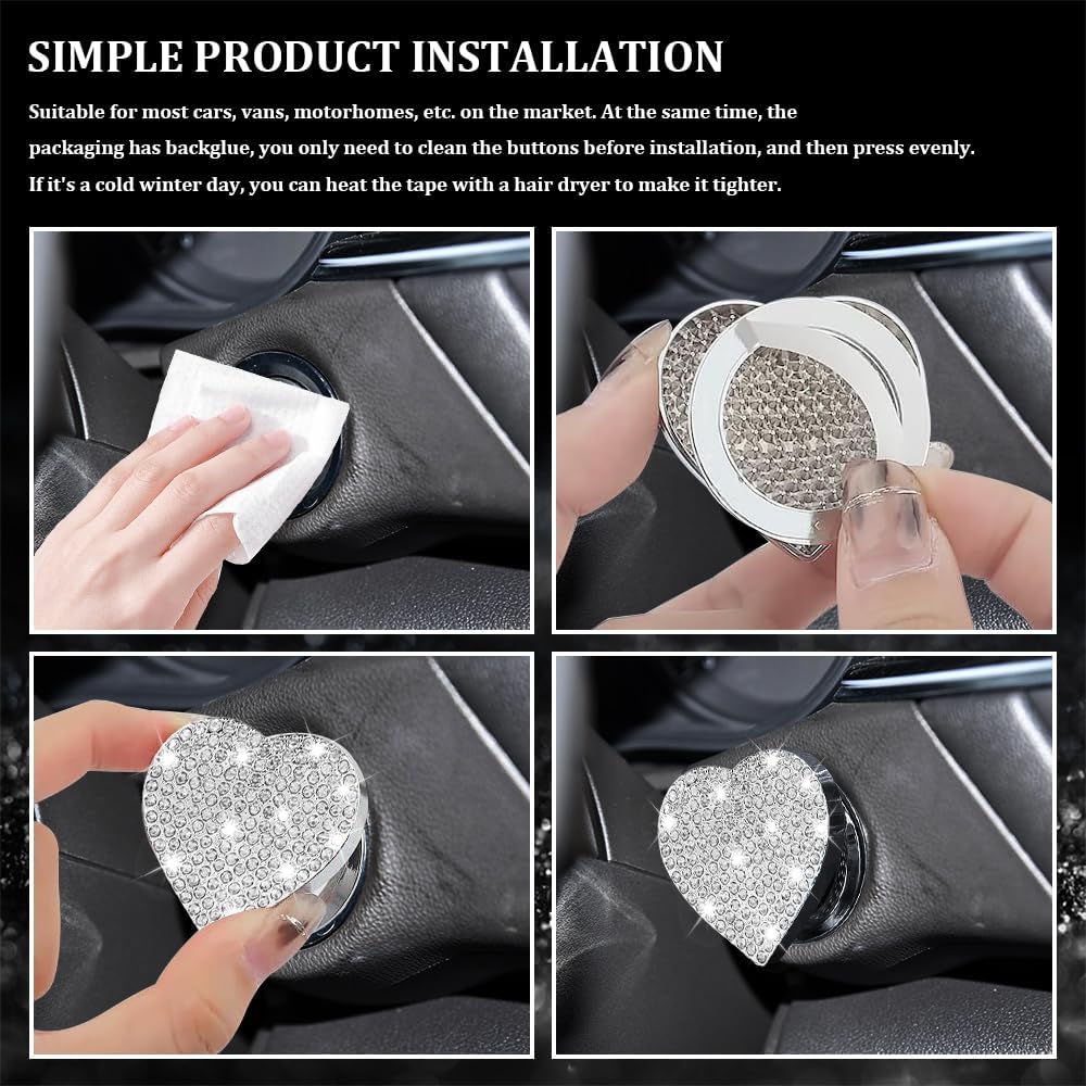 Bling Car Push Start Button Cover, Heart Shape Rhinestone Switch Knob Cover, Sparkling Crystal Key Ignition Knob Ring Protection Cover, Bling Diamond Car Accessories for Women (White)