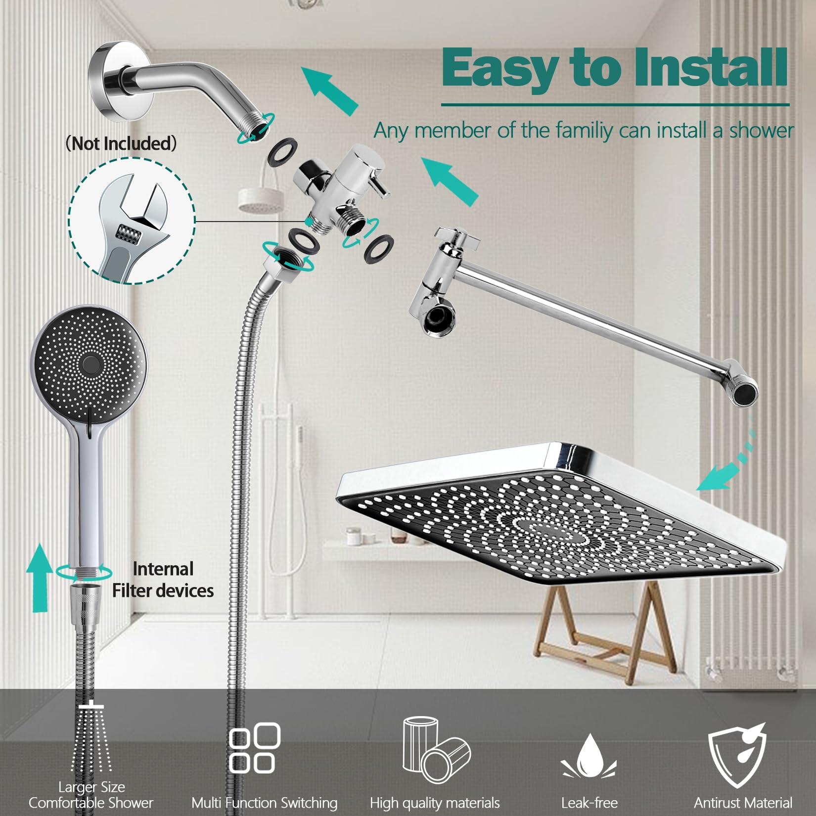 Ashwanth 14'' Rain Shower Head with High Pressure Handheld Spray, Rainfall Shower Head with 70â€? Hose Adjustable Extension Arm