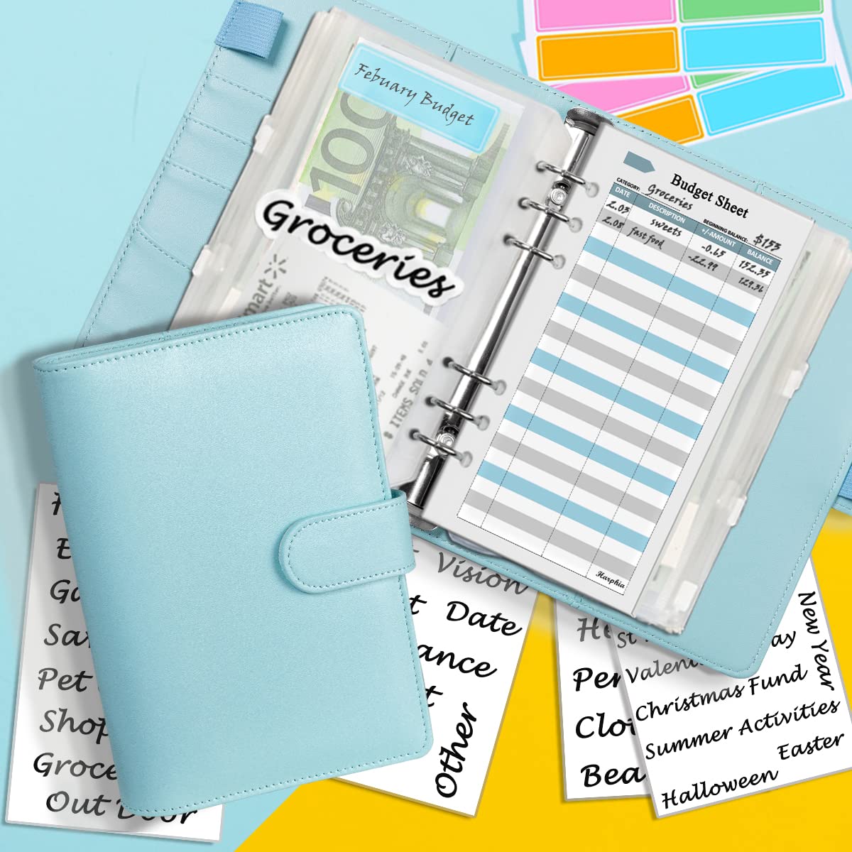 Classeur Budget En Feutrine Harphia - Avec Enveloppes A6, étiquettes, Autocollants - Organisation Finances