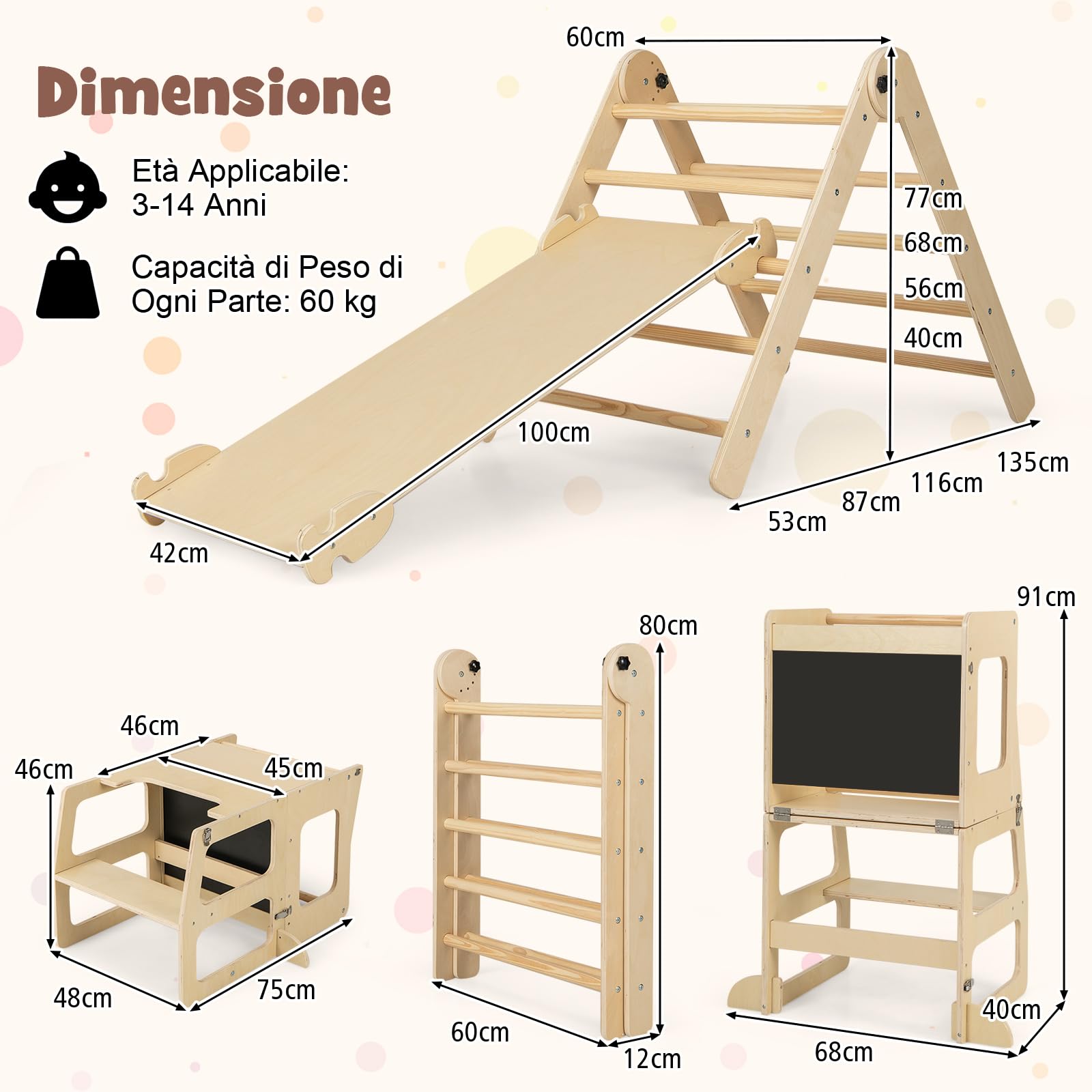COSTWAY 7 in 1 Set da Arrampicata per Bambini, Giocattoli da Arrampicata Pieghevole con Rampa Reversibile Sgabello Convertibile Tavolo e Sedia Lavagna, 3-14 Anni (Naturale)