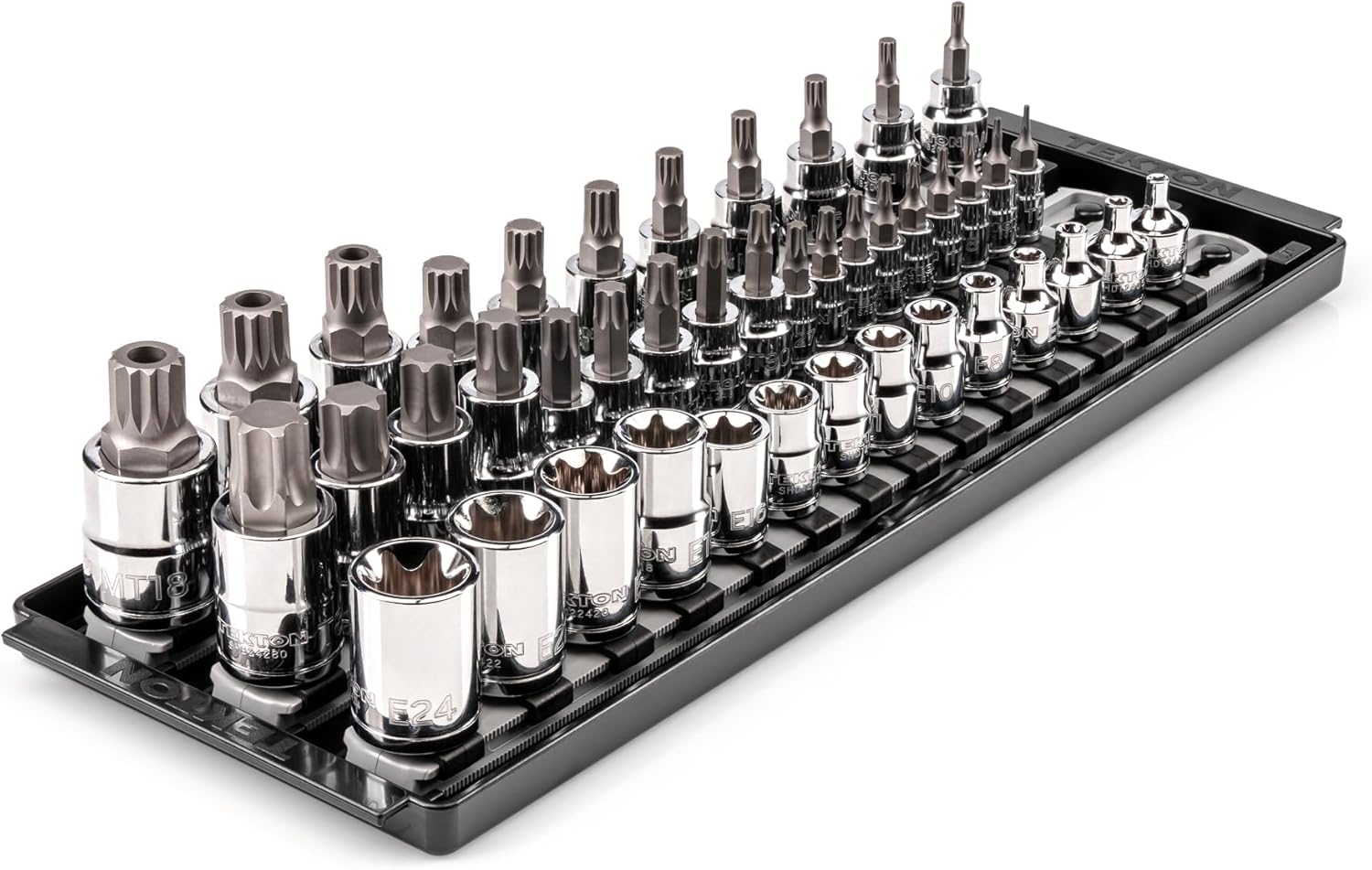 TEKTON 1/4, 3/8, 1/2 Inch Drive German Auto Torx, Triple Square, TR Triple Square Bit and External Star Socket Set with Rails (43-Piece) | SKT93900