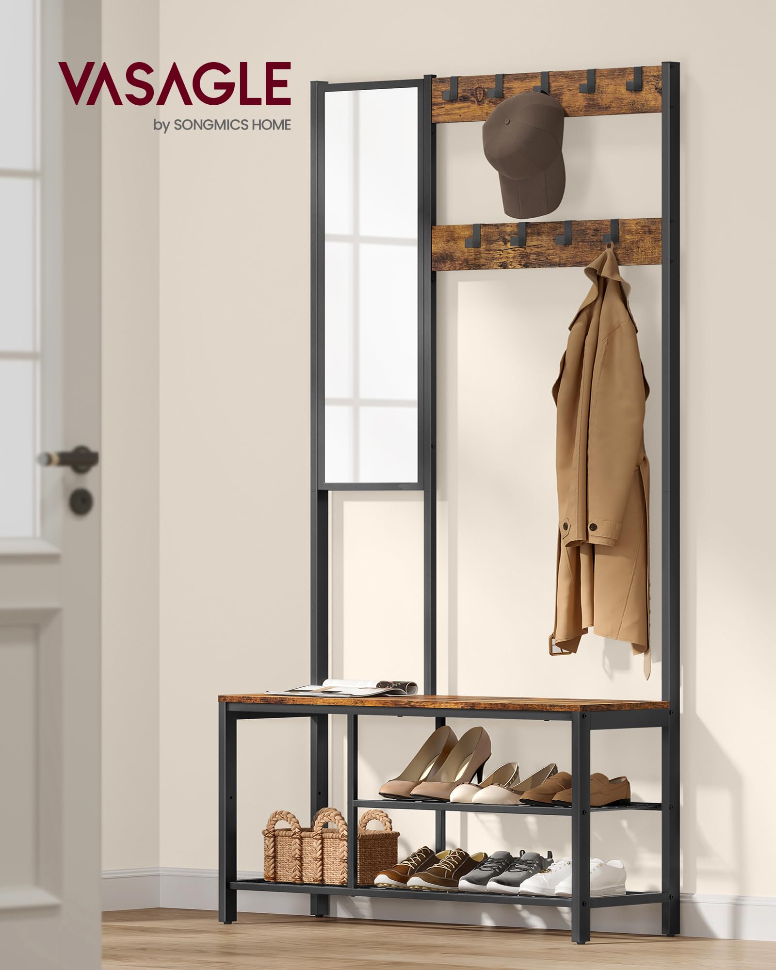 VASAGLE HSRAM050B01 wieszak na ubrania z haczykami, wieszak na ubrania z lustrem, szafka na buty i półkami, 36 x 98 x 185 cm, do korytarza, sypialni, salonu, brązowo-czarny vintage