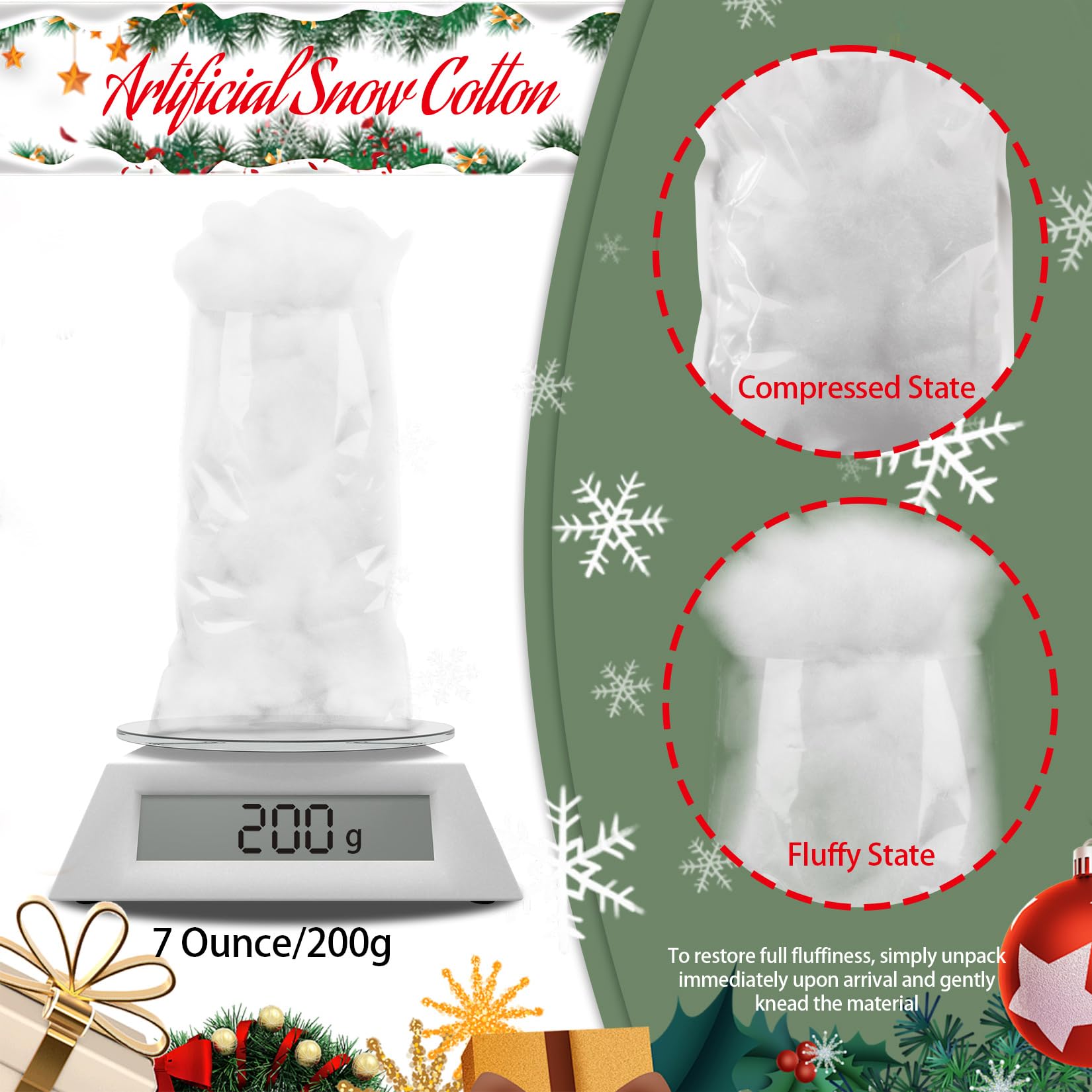 RAINFLOW 7 Ounce Christmas Fake Snow Cotton - Artificial Snow Stuffing White Fluff for Crafts | Indoor Christmas Tree, Winter Village and Home Decor 200g
