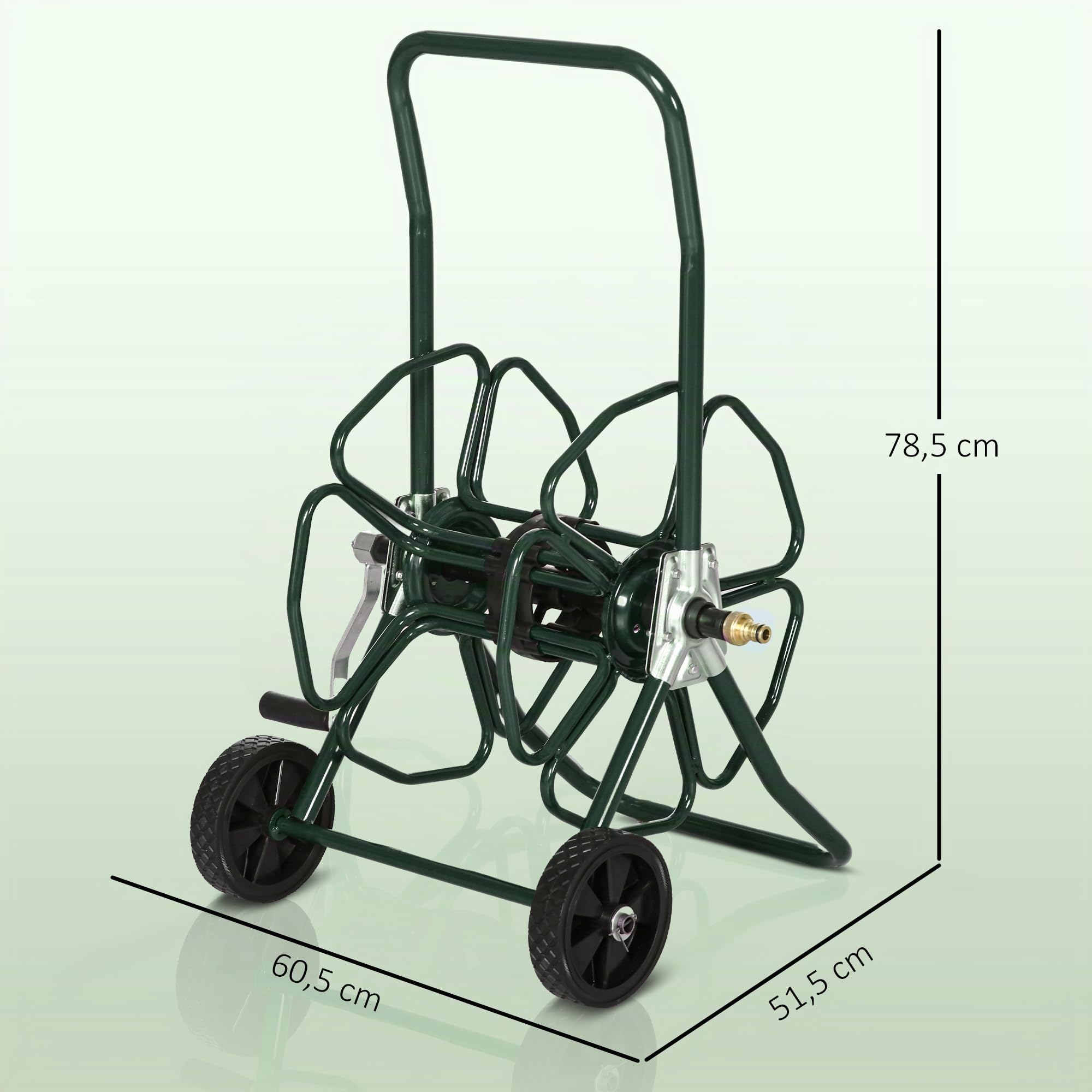 Outsunny Dévidoir de tuyau d'arrosage sur roues 30 m Ø16 mm Métal Vert | Dévidoir Chariot, Enrouleur Tuyau d'Arrosage, Poignée Antidérapante