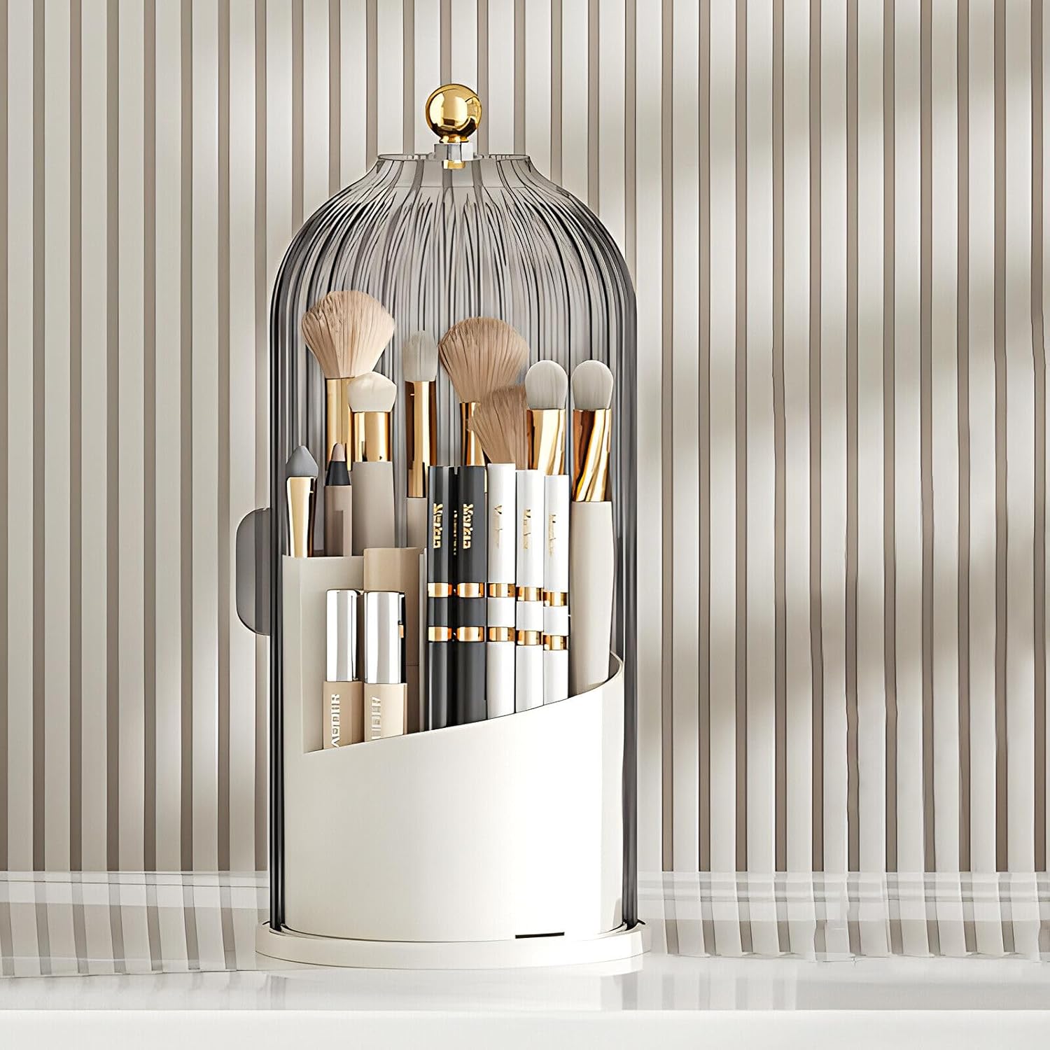 Makeup Brush Holder Organizer with Dustproof lid, Waterproof 360 Rotating Makeup Brush storage for Vanity (Grey)